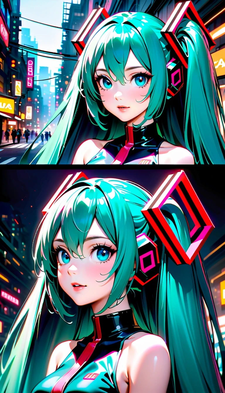 Create a high-resolution, visually stunning portrait that captures the essence of Hatsune Miku, the digital singing sensation known for her distinctive voice and signature blue-green hair. Dress her in futuristic or cyberpunk-inspired attire that reflects her unique persona. Compositionally, draw inspiration from National Geographic photography to create a sense of depth and realism, emphasizing natural lighting, vivid colors, and an immersive environment. Ensure the final image is presented in ultra-high definition quality to showcase every detail and bring Miku's virtual world to life with breathtaking clarity.

