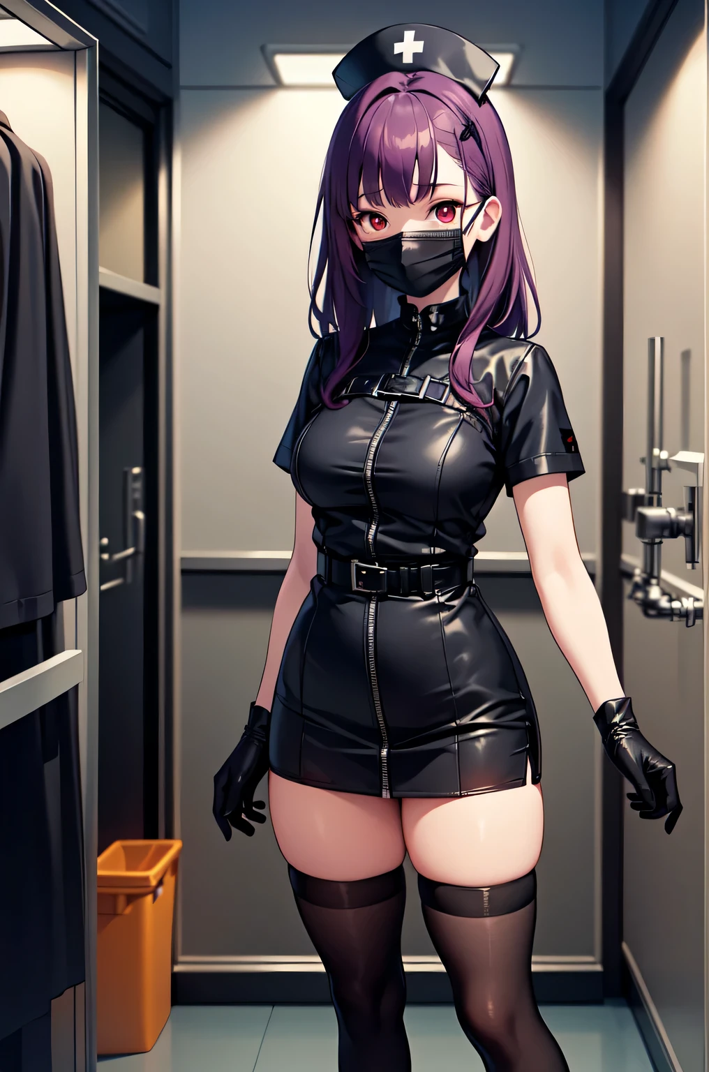 black nurse, 1woman, solo, black nurse cap, black nurse uniform, ((black legwear, zettai ryouiki)), black elbow gloves, long hair, purple hair, red eyes, ((black surgical mask, covered nose)), standing, ((surgery room)), sharp outline, short sleeves, mature female, 35 years old, best quality, masterpiece