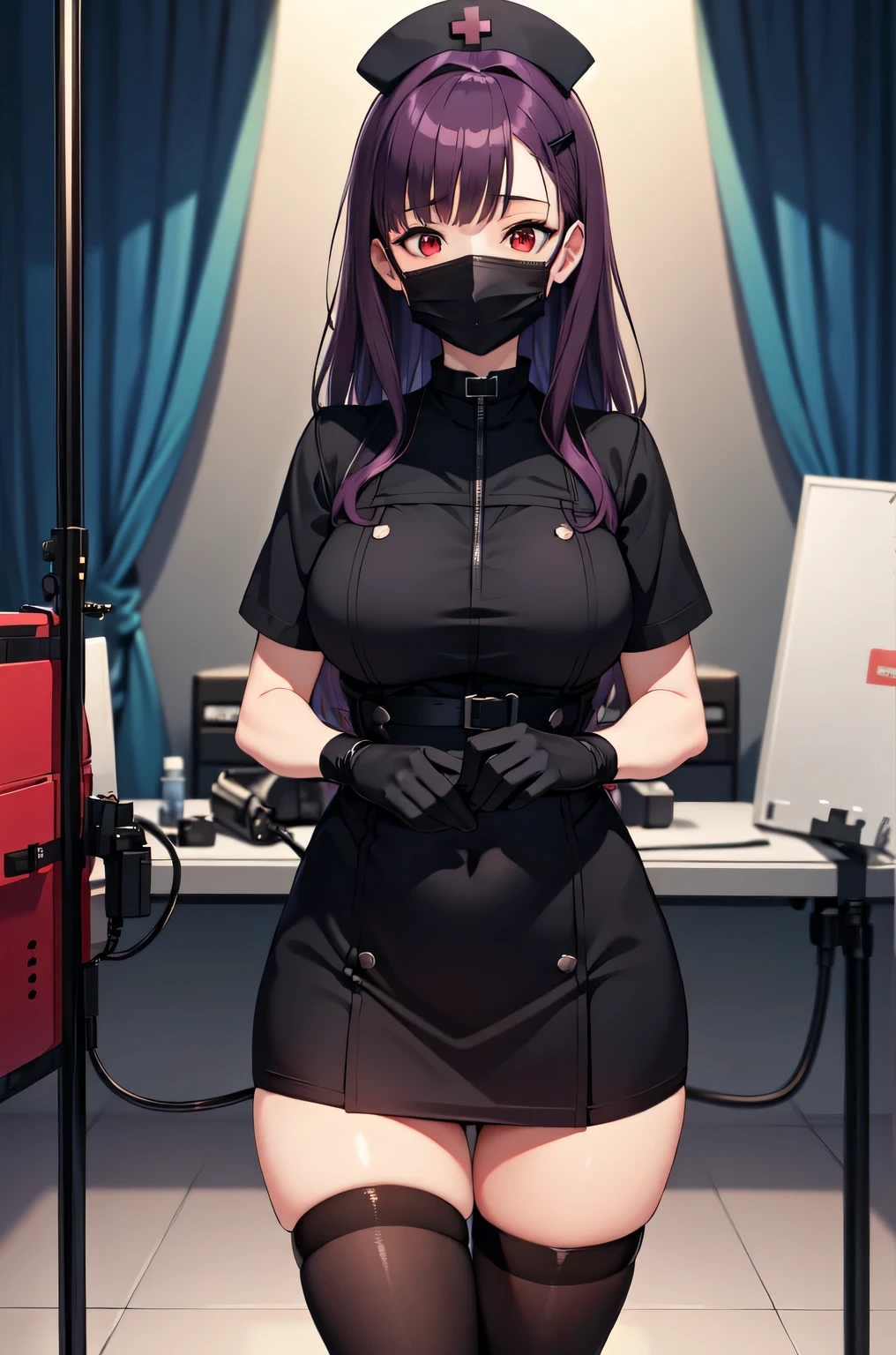 black nurse, 1woman, solo, black nurse cap, black nurse uniform, ((black legwear, zettai ryouiki)), black elbow gloves, long hair, purple hair, red eyes, ((black surgical mask, covered nose)), standing, ((surgery room)), sharp outline, short sleeves, mature female, 35 years old, best quality, masterpiece