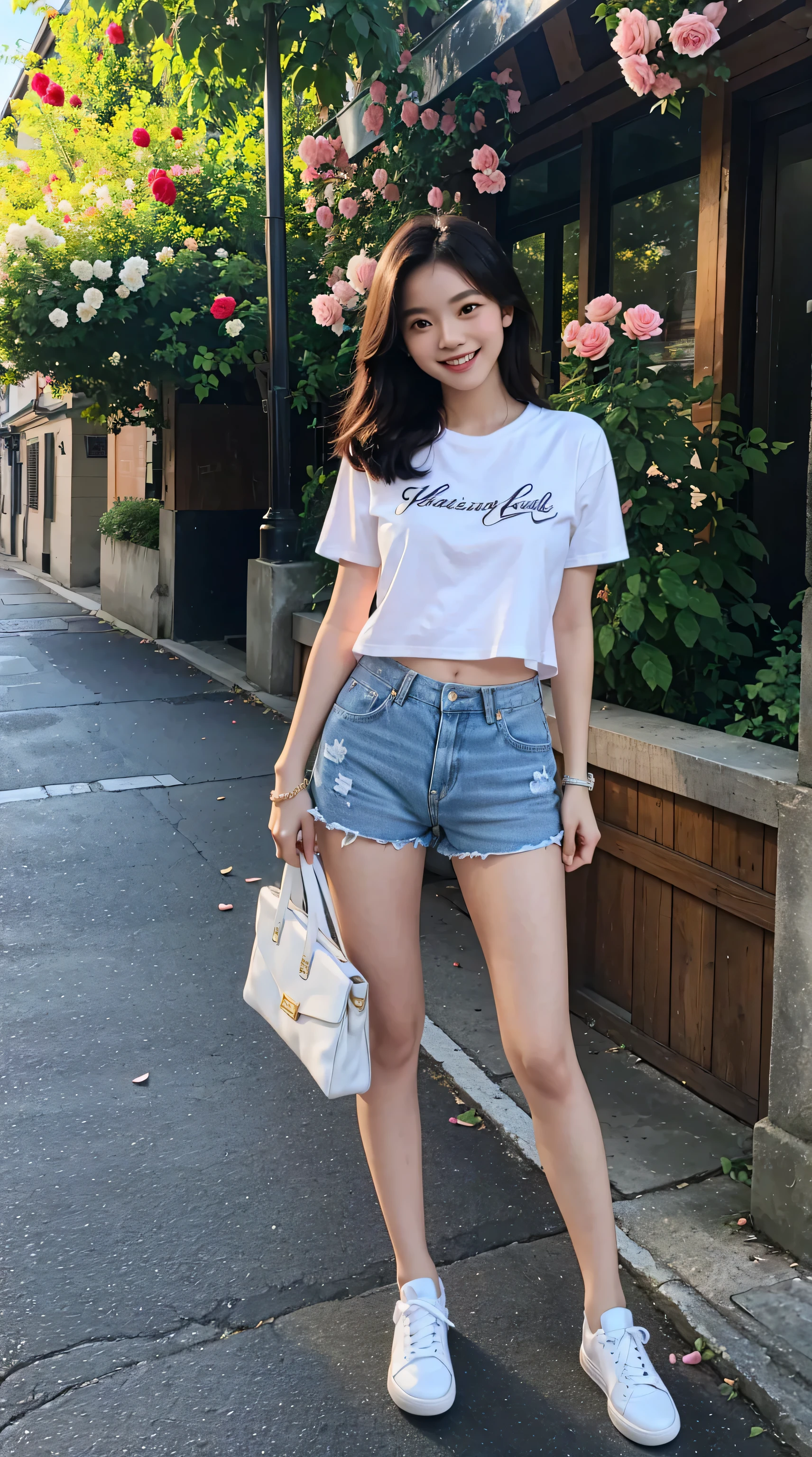 masterpiece, Young and beautiful girl, smiling, looking at the camera, Standing in front of a rose, wearing shorts and a t-shirt, white sneakers. dressed in a top and shorts, flowers, full body photo, casual pose, slim legs