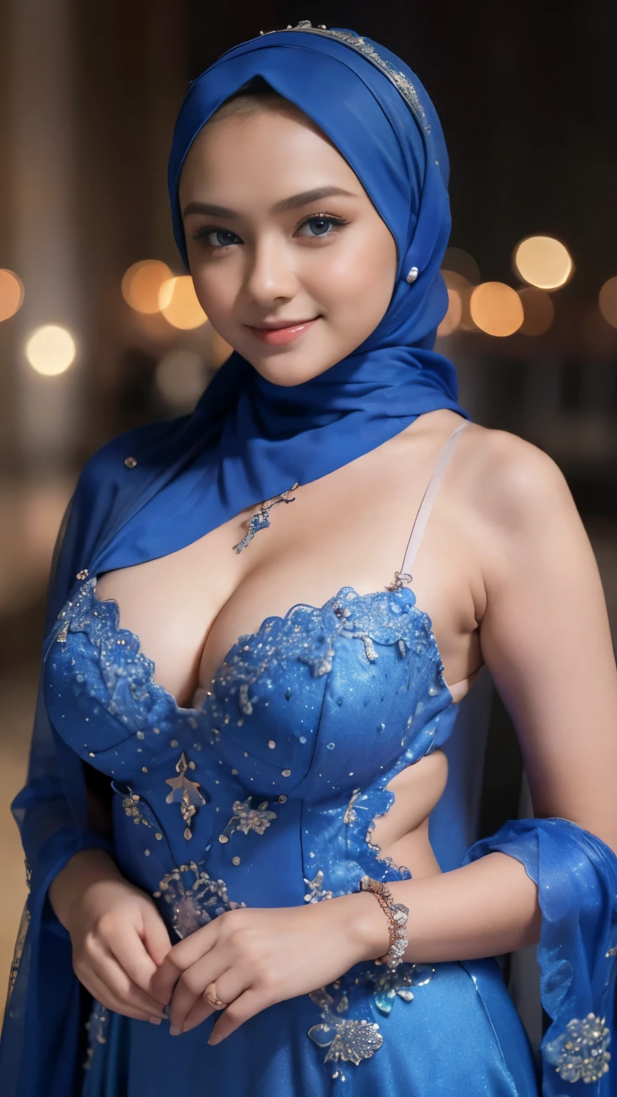 Beautiful, cute baby Face, ************ russian ****ta Girl, blue eyes, (wearing hijab) and sexy kebaya dress, Rounded small Breast, cleavage cutout, slightly Chubby , luxury necklace, White Skin, Smiling, Dark City Background, mid shot, upper body, Perfect Potrait, Bokeh Effect, Look at Viewer, Armpit, Perfect Eye, Perfect Hand, Perfect Finger, Bracelet, Ring, small breast, ((adorable:1.2)), ((masterpiece:1.1)), ((bokeh:1.2)),