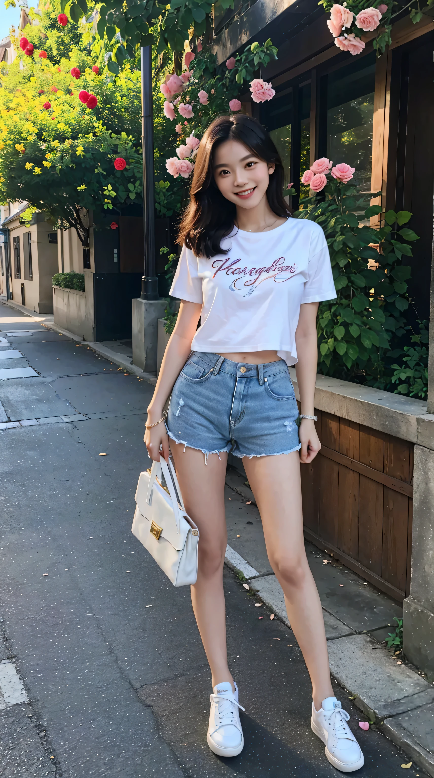 masterpiece, Young and beautiful girl, smiling, looking at the camera, Standing in front of a rose, wearing shorts and a t-shirt, white sneakers. dressed in a top and shorts, flowers, full body photo, casual pose, slim legs