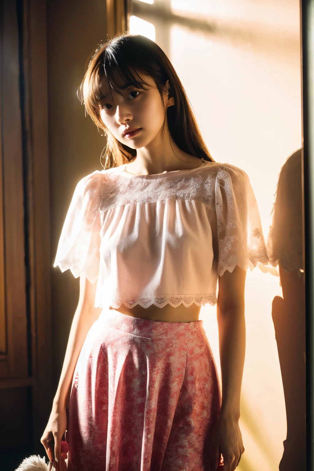 (masterpiece, best quality:1.2), (raw photo),(film gain:0.7),
(beautiful 14yo Japanese girl),
BREAK White floral lace blouse, pink flower detailed design long skirt,
(dynamic lighting), (Dapped sunlight:0.8),