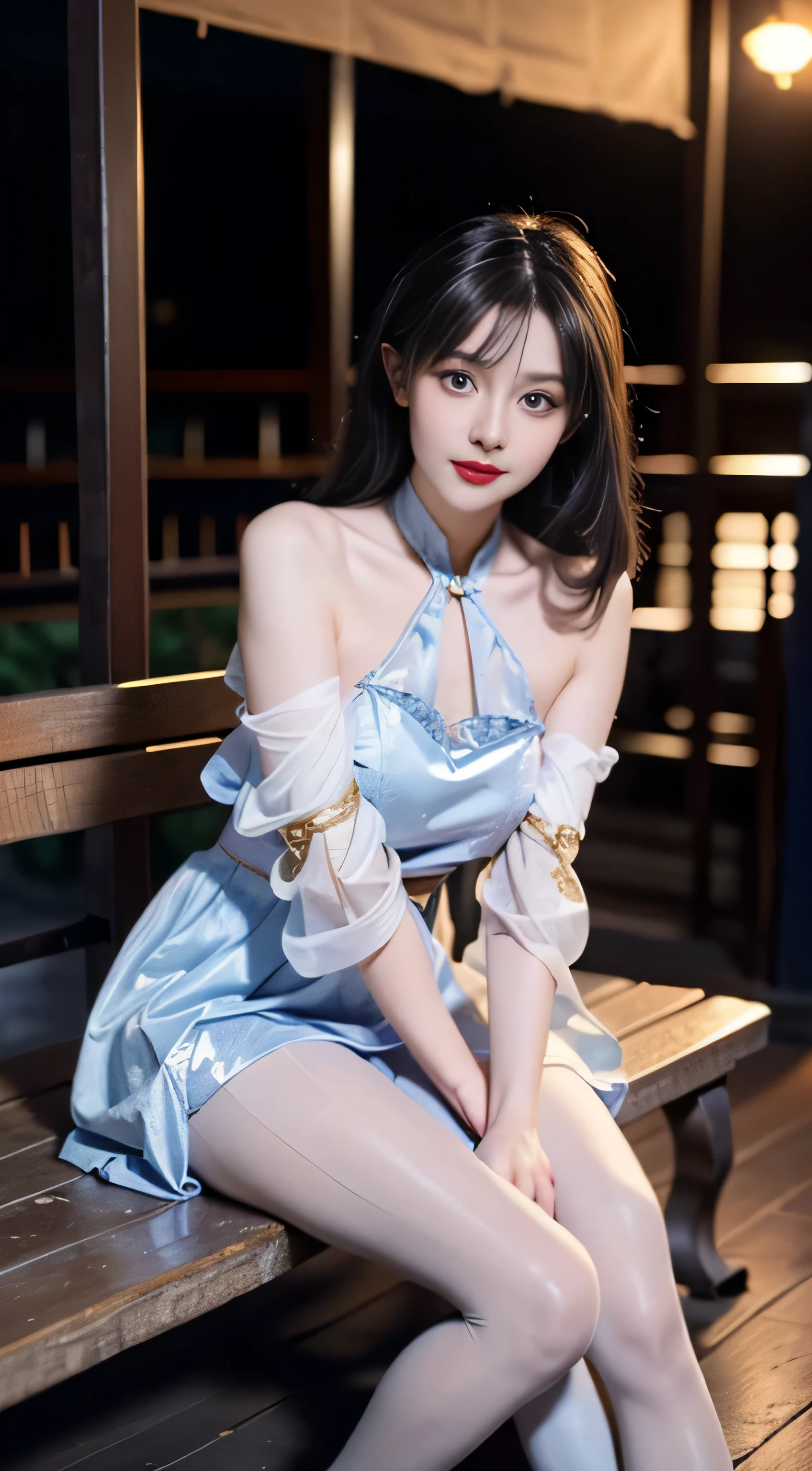 Inzipin,China dress, robber girl, red lips, mature woman, compensate, Big eyes, cute eyes, ((full body)),((Wearing thin shiny beige pantyhose)) ((random shooting angle)), (highest quality, masterpiece:1.2), Super detailed, (realistic:1.37), Beautiful new, like々New, glamorous model (fine eyes, lip details, extremely fine eyes), in white and flower colors, Show me a bright smile, Create breathtaking depictions of young girls, warm tones, very high color saturation, official art,   Highly detailed CG integrated 8k wallpaper,(high dynamic range :1.4), (cinematic),(soft colors,  dull color,  soothing tone :1.3), (natural skin texture, ultra-realistic, soft light, sharp),(Very detailedNew), night, moonlight, at the antique pavilion, sit on a bench leaning against the guardrail