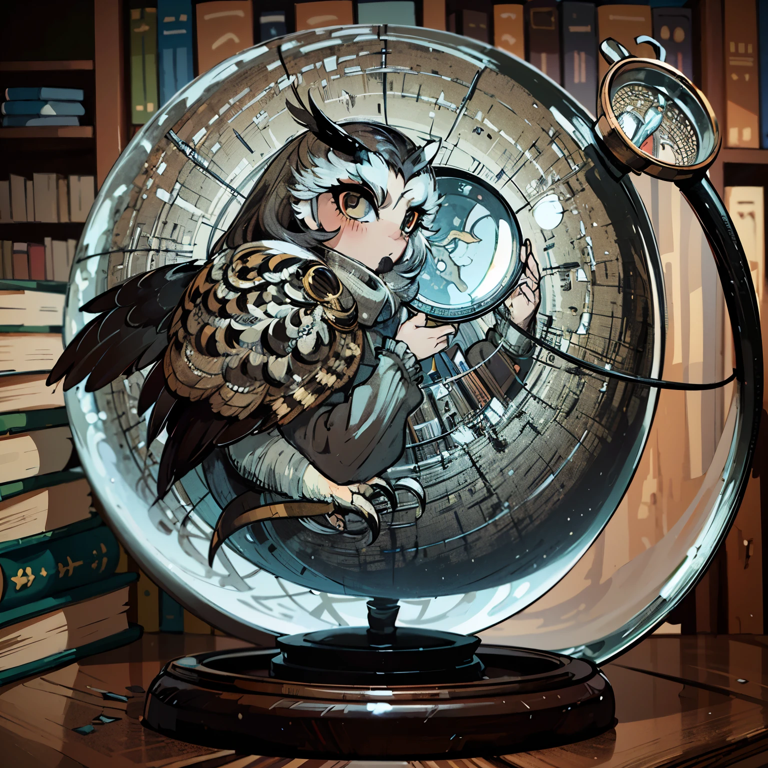 black hair, Surrealism, 8k, super detail, Owl holding magnifying glass on top of the globe. Shelves with books around the owl. Magnifying glass enlarging one of the books