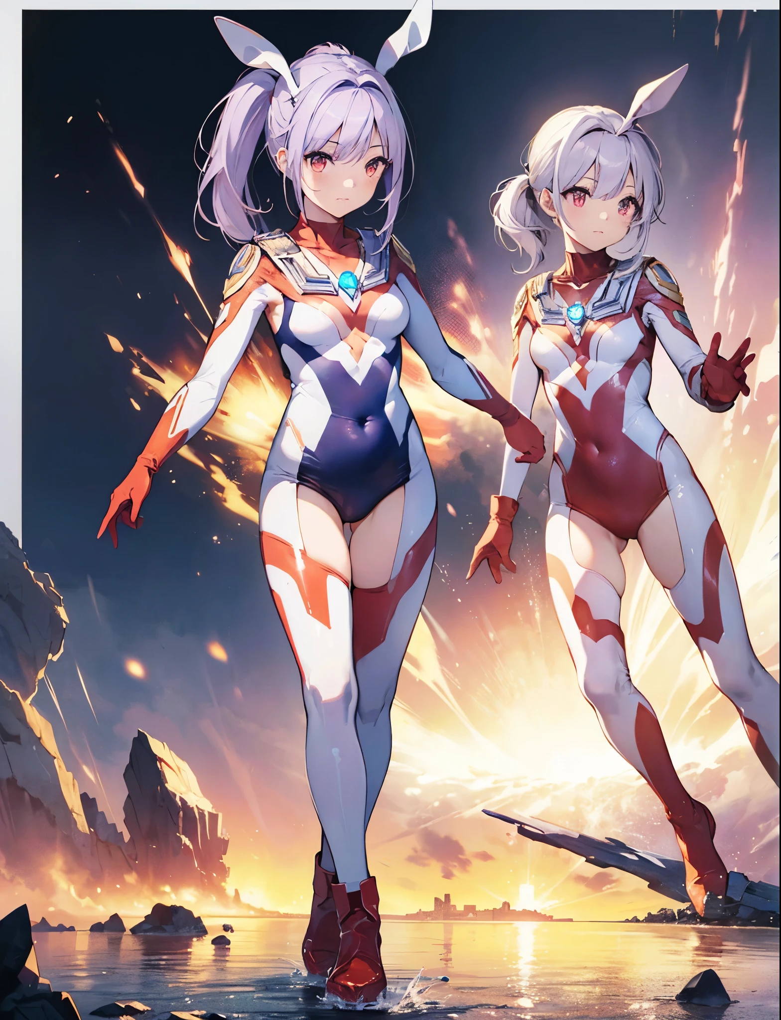 realistic,highest quality, ultra detail, High quality CG drawing, The most delicate and beautiful, Floating gently, High resolution, (1 girl), (Highest image quality,4K,8K,masterpiece:1.2) ,light purple hair,Rabbit,Bunny ears,ponytail,red eyes,(ultra girl:1.0),(red ultraman bodysuit:1.4),red gloves,red shoes,