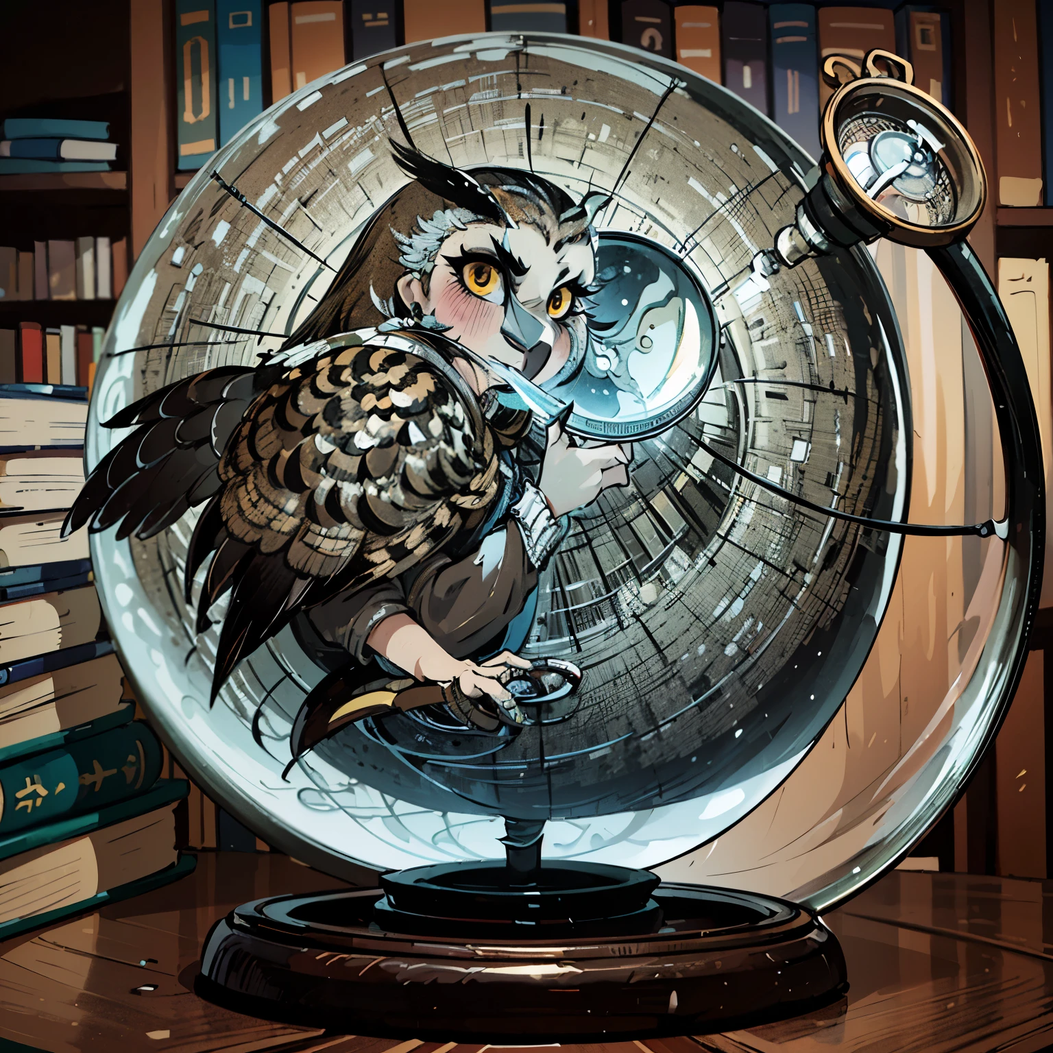 black hair, Surrealism, 8k, super detail, Owl holding magnifying glass on top of the globe. Shelves with books around the owl. Magnifying glass enlarging one of the books