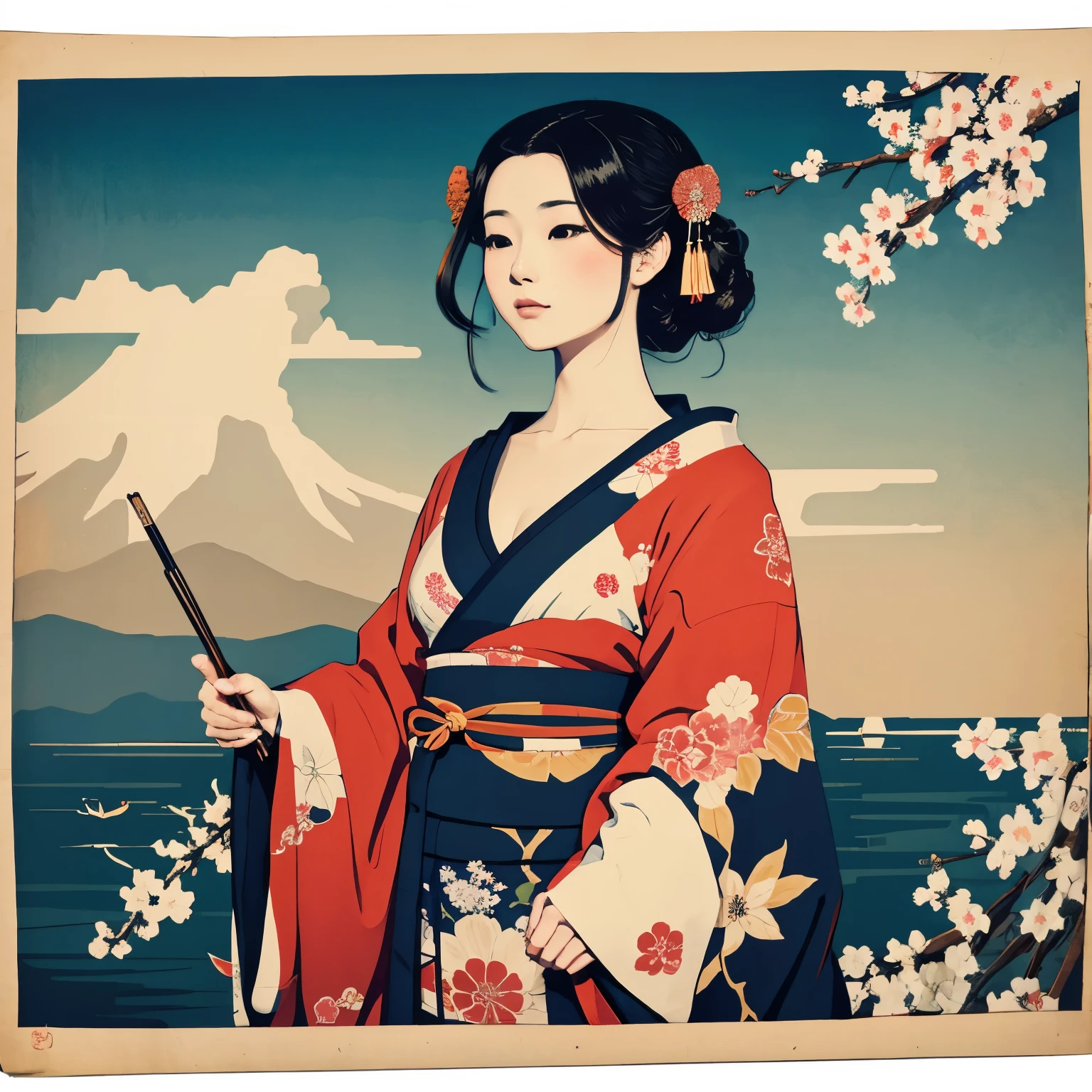 Art vintage japonais, Conception de t-shirts, art vectoriel, art plat:1,4. \\ (japonaise, en kimono, best quality, Art officiel, Beaucoup de couleurs, couleurs du japon, ukiyo-e, couleurs, printemps , bare shoulders, belles formes,: 1.2