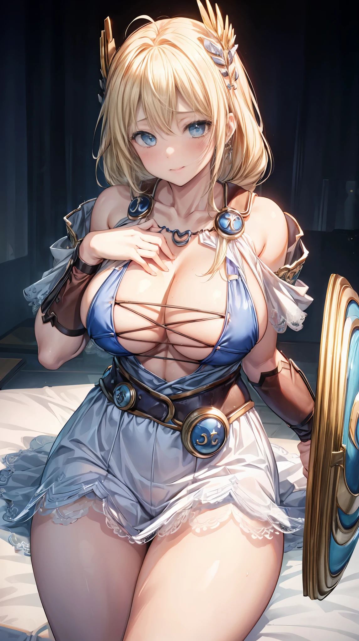 sensual, long blonde hair, thick thighs, 8K, 4k, highest quality, High resolution:1.2), cute anime face, noise reduction, shining blue eyes, gentle smile, kind eyes、toned abdominal muscles, muscular arms, muscular legs, young face, anime eyes, (((big breasts、A chest that is about to burst)))、(((model pose)))、sophistry、sword、shield、SFW giant body
