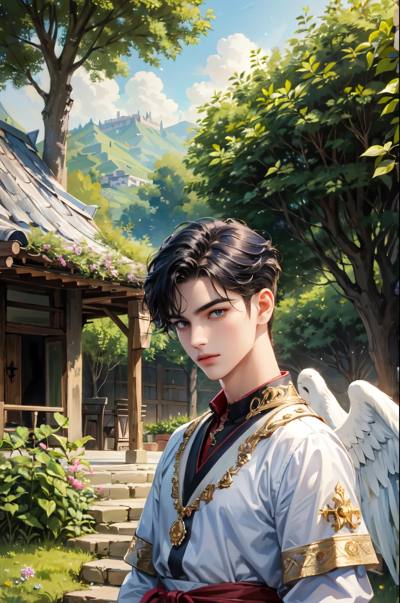 best quality, masterpiece, highres, young boy, handsome face, perfect face, korean face, detailed scenery 