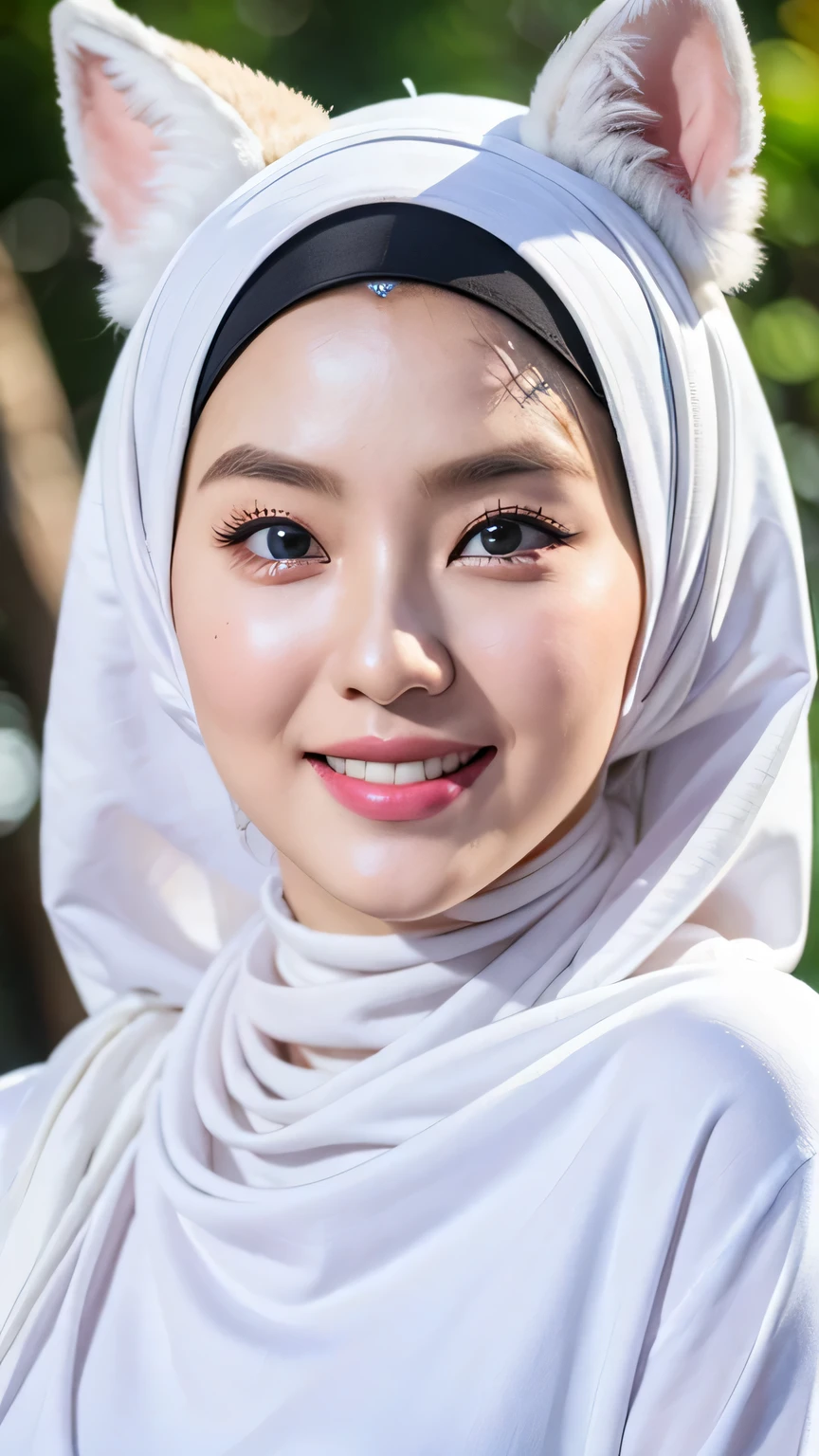 Malay girl, masterpiece, best quality, beautiful sexy young woman,white long hijab,big breast,cute face, (perfect face),(perfect nose),(smilling),Blue eyes,eyewear,white fox ears, irene face with hijab