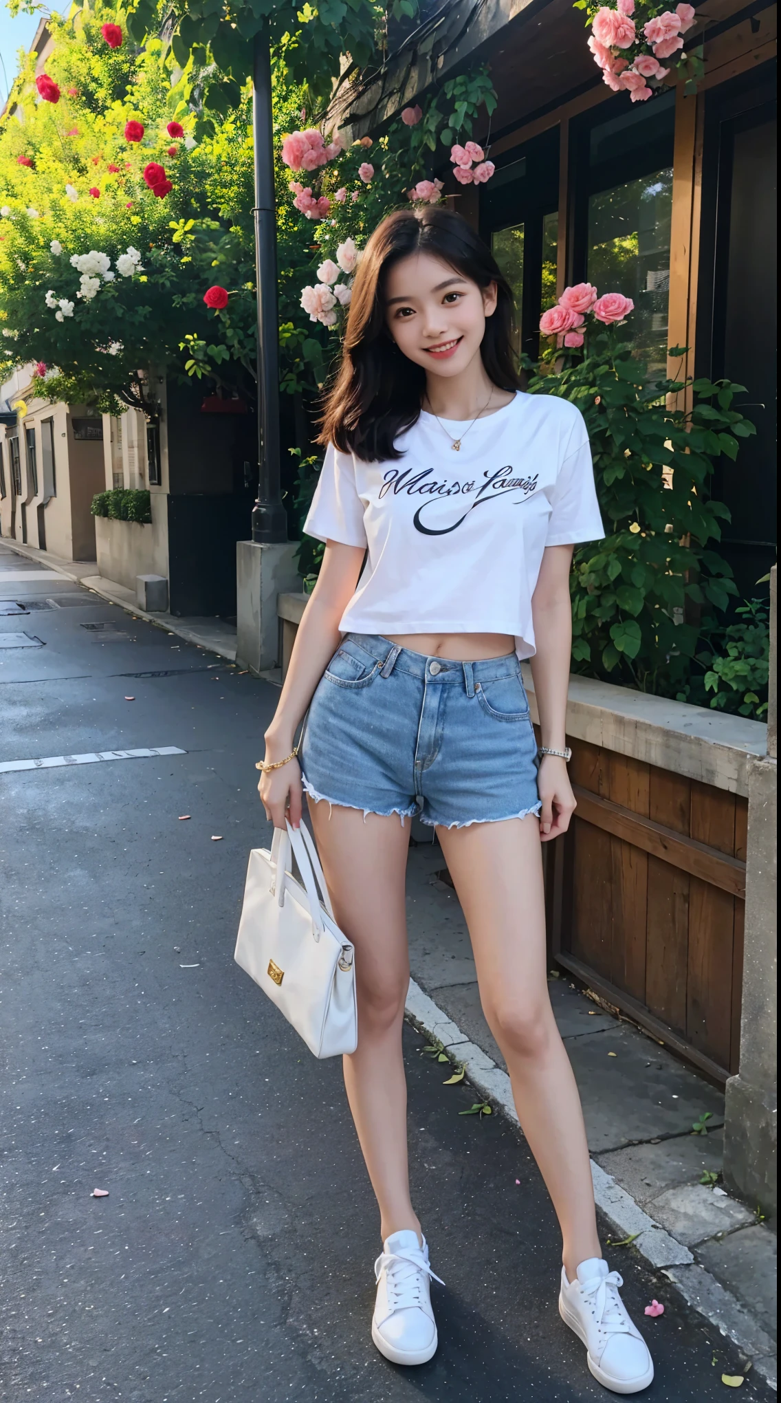 masterpiece, Young and beautiful girl, smiling, looking at the camera, Standing in front of a rose, wearing shorts and a t-shirt, white sneakers. dressed in a top and shorts, flowers, full body photo, casual pose, slim legs