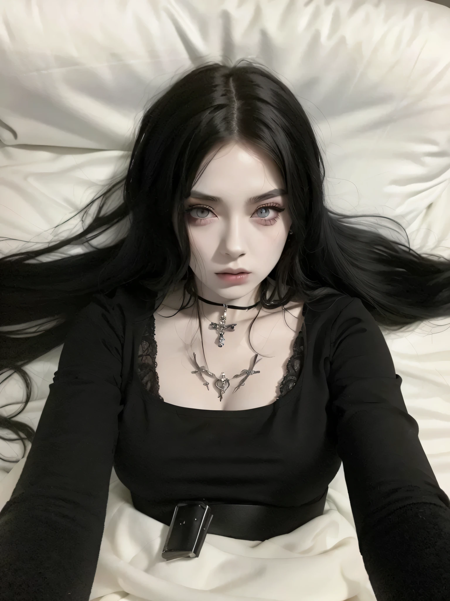 mulher arafada com maquiagem branca e top preto deitada na cama, pale gothic beauty, 1 7 - year - old goth girl, cruel korean goth girl, 1 7 - year - old anime goth girl, goth girl aesthetic, gothic aesthetic, extremely pale white skin, gothic horror vibes, goth girl, darkwave gothic aesthetic, pale porcelain white skin