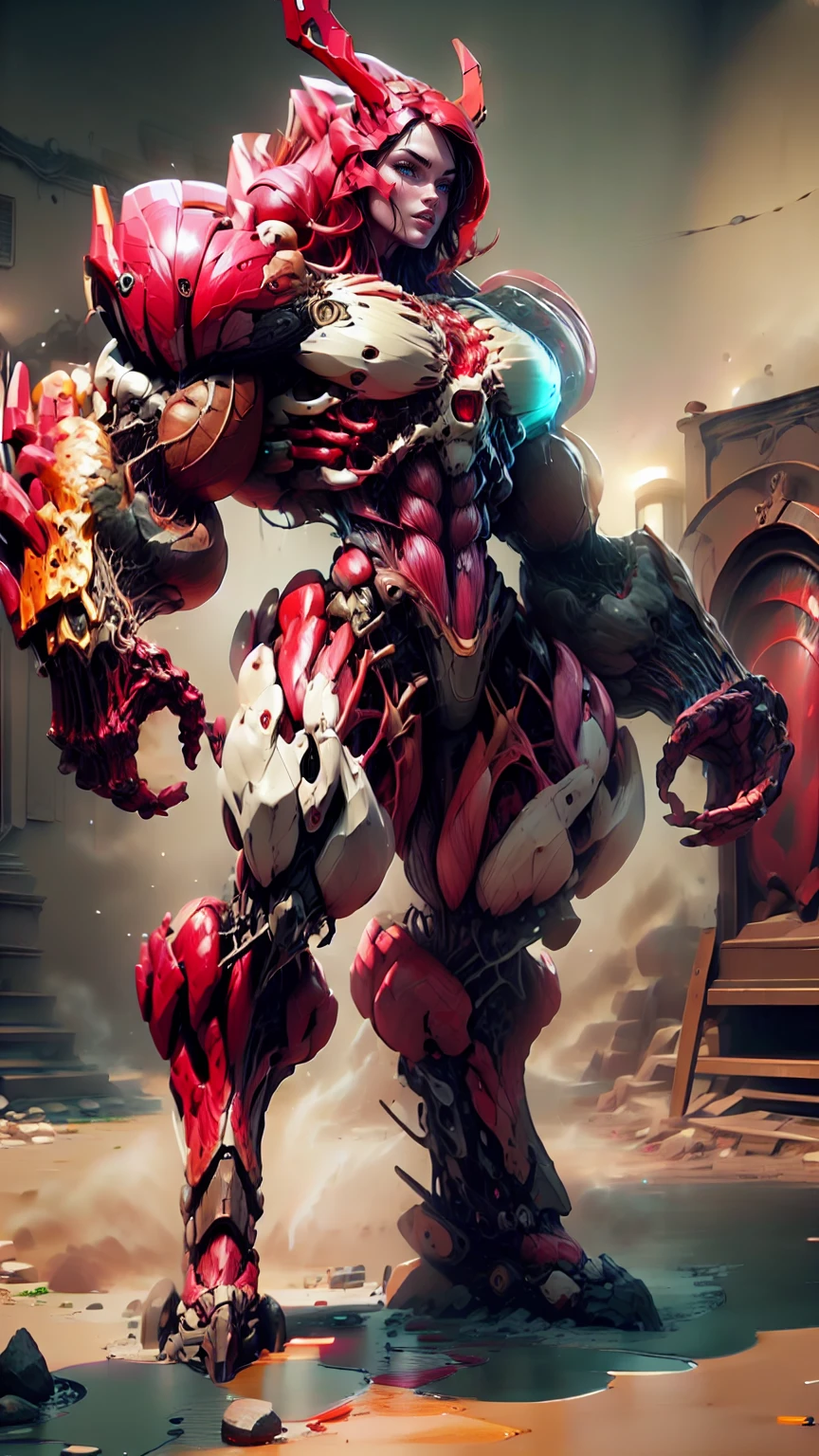 Cinematic, clear facial features and insanely detailed, the image captures the essence of (1 girl), (megan fox:1.25), (long red hair), (carnage skinless physique:1.25), (1 super muscular undead skinless succubus with gigantic horns:1.25), (covered in red necrotic rotting skinless muscle:1.25), (exposed muscles & veins everywhere:1.25), (perfect fingers:1.25) (full body pose:1.25). The color grading is beautifully done, enhancing the overall cinematic feel. Unreal Engine makes her appearance even more mesmerizing. With depth of field (DOF), every detail is focused and accentuated, drawing attention to her eyes and hair. Peak image resolution utilizing super-resolution technology ensures pixel perfection. Cinematic lighting enhances her aura, while anti-aliasing techniques like FXAA and TXAA keep the edges smooth and clean. Adding realism to the muscular bio-mecha succubus , RTX technology enables ray tracing. Additionally, SSAO (Screen Space Ambient Occlusion) gives depth and realism to the scene, the girl's presence even more convincing. In the post-processing and post-production stages, tone mapping enhances the colors, creating a captivating visual experience. The integration of CGI (Computer-Generated Imagery) and VFX (Visual Effects brings out her demonic features seamlessly . Incredible level of detail, with intricate elements meticulously crafted, the artwork hyper maximalist and hyper-realistic. Volumetric effects add depth and dimension, with unparalleled photorealism. 8k resolution rendering ensures super detailed visuals. The volumetric lighting adds a touch of magic, highlighting her beauty and aura in an otherworldly way. High Dynamic Range (HDR) tech makes the colors pop, adding richness to the overall composition. Ultimately, this artwork presents an unreal, yet stunningly real portrayal of an incredibly beautiful bio-mecha succubus girl. The sharp focus ensures that every feature is crisply defined, creating a captivating presence. (girl face:1.45)
