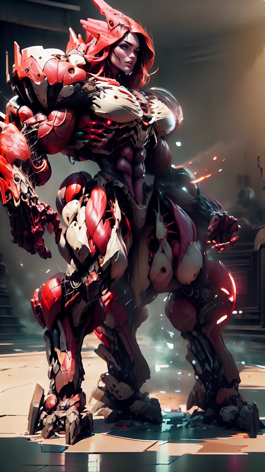 Cinematic, clear facial features and insanely detailed, the image captures the essence of (1 girl), (megan fox:1.25), (long red hair), (carnage skinless physique:1.25), (1 super muscular undead skinless succubus with gigantic horns:1.25), (covered in red necrotic rotting skinless muscle:1.25), (exposed muscles & veins everywhere:1.25), (perfect fingers:1.25) (full body pose:1.25). The color grading is beautifully done, enhancing the overall cinematic feel. Unreal Engine makes her appearance even more mesmerizing. With depth of field (DOF), every detail is focused and accentuated, drawing attention to her eyes and hair. Peak image resolution utilizing super-resolution technology ensures pixel perfection. Cinematic lighting enhances her aura, while anti-aliasing techniques like FXAA and TXAA keep the edges smooth and clean. Adding realism to the muscular bio-mecha succubus , RTX technology enables ray tracing. Additionally, SSAO (Screen Space Ambient Occlusion) gives depth and realism to the scene, the girl's presence even more convincing. In the post-processing and post-production stages, tone mapping enhances the colors, creating a captivating visual experience. The integration of CGI (Computer-Generated Imagery) and VFX (Visual Effects brings out her demonic features seamlessly . Incredible level of detail, with intricate elements meticulously crafted, the artwork hyper maximalist and hyper-realistic. Volumetric effects add depth and dimension, with unparalleled photorealism. 8k resolution rendering ensures super detailed visuals. The volumetric lighting adds a touch of magic, highlighting her beauty and aura in an otherworldly way. High Dynamic Range (HDR) tech makes the colors pop, adding richness to the overall composition. Ultimately, this artwork presents an unreal, yet stunningly real portrayal of an incredibly beautiful bio-mecha succubus girl. The sharp focus ensures that every feature is crisply defined, creating a captivating presence. (girl face:1.45)