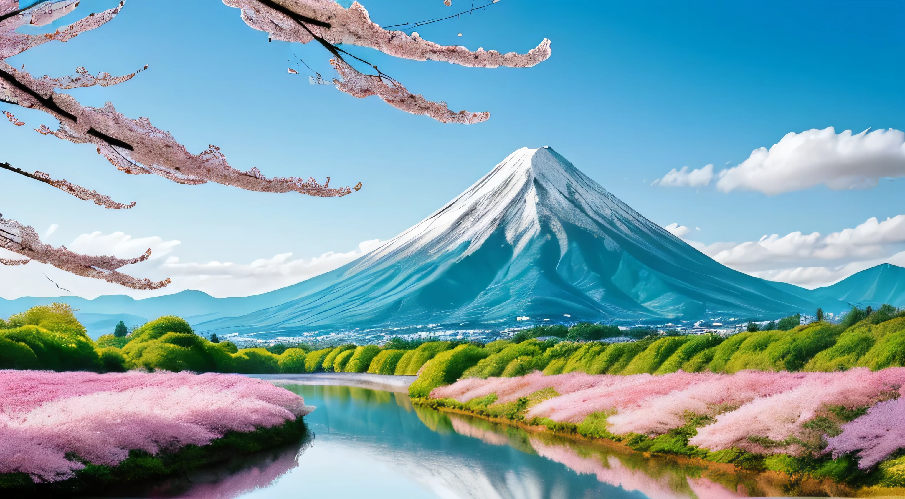 Gorgeous surreal landscape with a dreamy atmosphere, It is characterized by a majestic wood in the center., Surrounded by beautiful rivers,Mountain々, And bright flowers. The scene is illuminated by warm and soft light、wood々Envelops flowers with a delicate shine. Add a rainbow-colored sky with fluffy clouds and hints of fantasy elements.cherry blossoms、