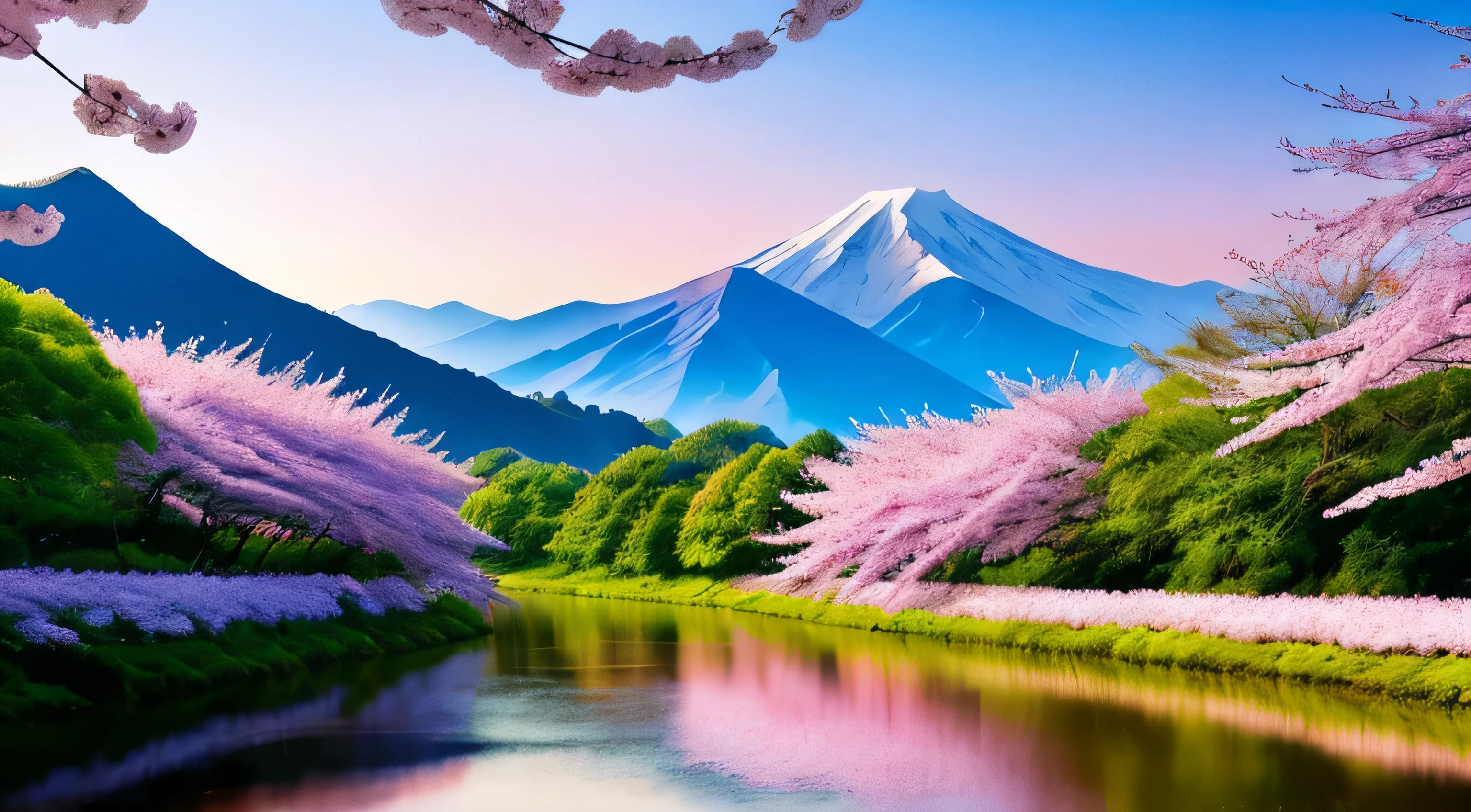Gorgeous surreal landscape with a dreamy atmosphere, It is characterized by a majestic wood in the center., A mountain surrounded by a beautiful river々, And bright flowers. The scene is illuminated by warm and soft light、wood々Envelops flowers with a delicate shine. Add a rainbow-colored sky with fluffy clouds and hints of fantasy elements.cherry blossoms、