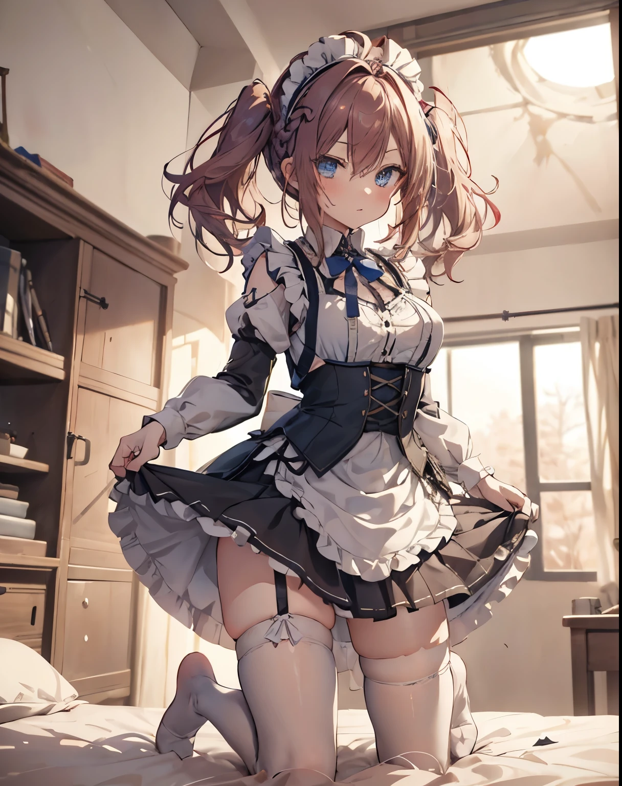 (masterpiece:1), 1girl, sparrow, a crimson haired girl, wearing a white medieval maid dress, curly medium hair, twintail, messy hair, slim body, he close her left eye, shirt ornament, angry expressions, blue eyes, sho show her back, ahoge, black vest, baby face, medium breast, beautiful breasts, rounded breasts, braid hair, maid headband, long sleeves, white stocking, miniskirt, maid skirt, plaid skirt, one knee on bed, open legs, a woman on her knees, (view from under:1.6)