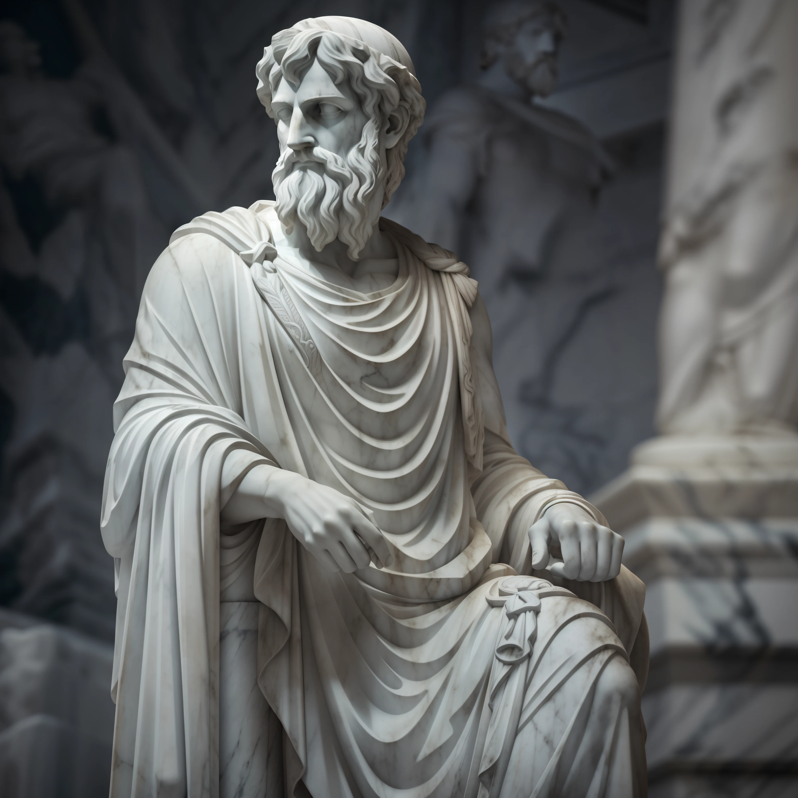 Une statue réaliste en marbre blanc grec du courageux Aristote, detailed wearing a ghostly toga, fond neutre, lunatique, , photorealistic, Thoughtful cinema dinner, super detailed, hyper realistic, Sparkling light, 8 mille