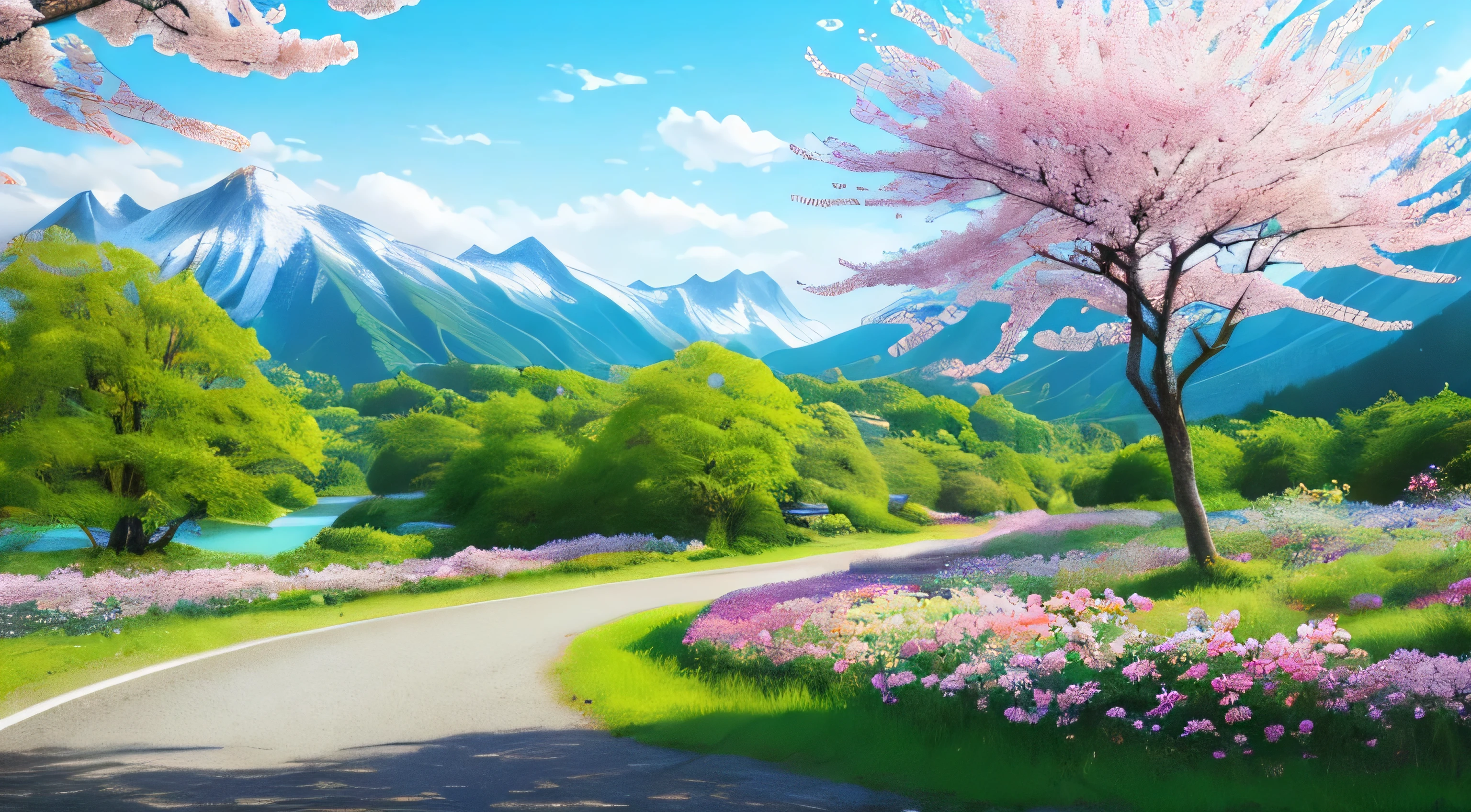 masterpiece, 最high quality, high quality,very detailed CG unity 8k wallpaper, A paradise-like place, village next to the mountain, beautiful lake , flowers, field , written boundary depth, HDR, bloom, chromatic aberration ,realistic,very detailed, Trends on ArtStation, Trending on CGsociety, Complex, high detail, dramatic, Art on the road、cherry blossoms、cherry blossomsがたくさん、Walking for two、
