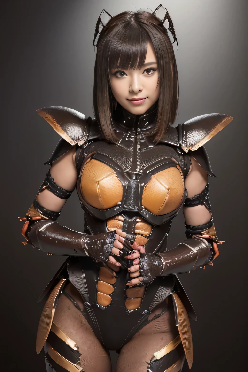 (high resolution,masterpiece,best quality,extremely detailed CG, anime, official art:1.4), realistic, photo, amazing fine details, all intricate, gloss and shiny,awesome many layers, 8k wall paper, 3d, sketch, kawaii, illustration,( solo:1.4), perfect female proportion,villainess, (fusion of dark brown cockroach and lady:1.4), (brown cockroach form lady:1.2), (brown cockroach lady:1.2), (fusion:1.2), (solo:1.4), (evil smile:1.2), muscular, abs, (cockroach brown exoskeleton bio insect suit:1.4), (cockroach brown exoskeleton bio insect armor:1.2), (brown transparency cockroach wing:1.4), (brown cockroach antennae:1.3),