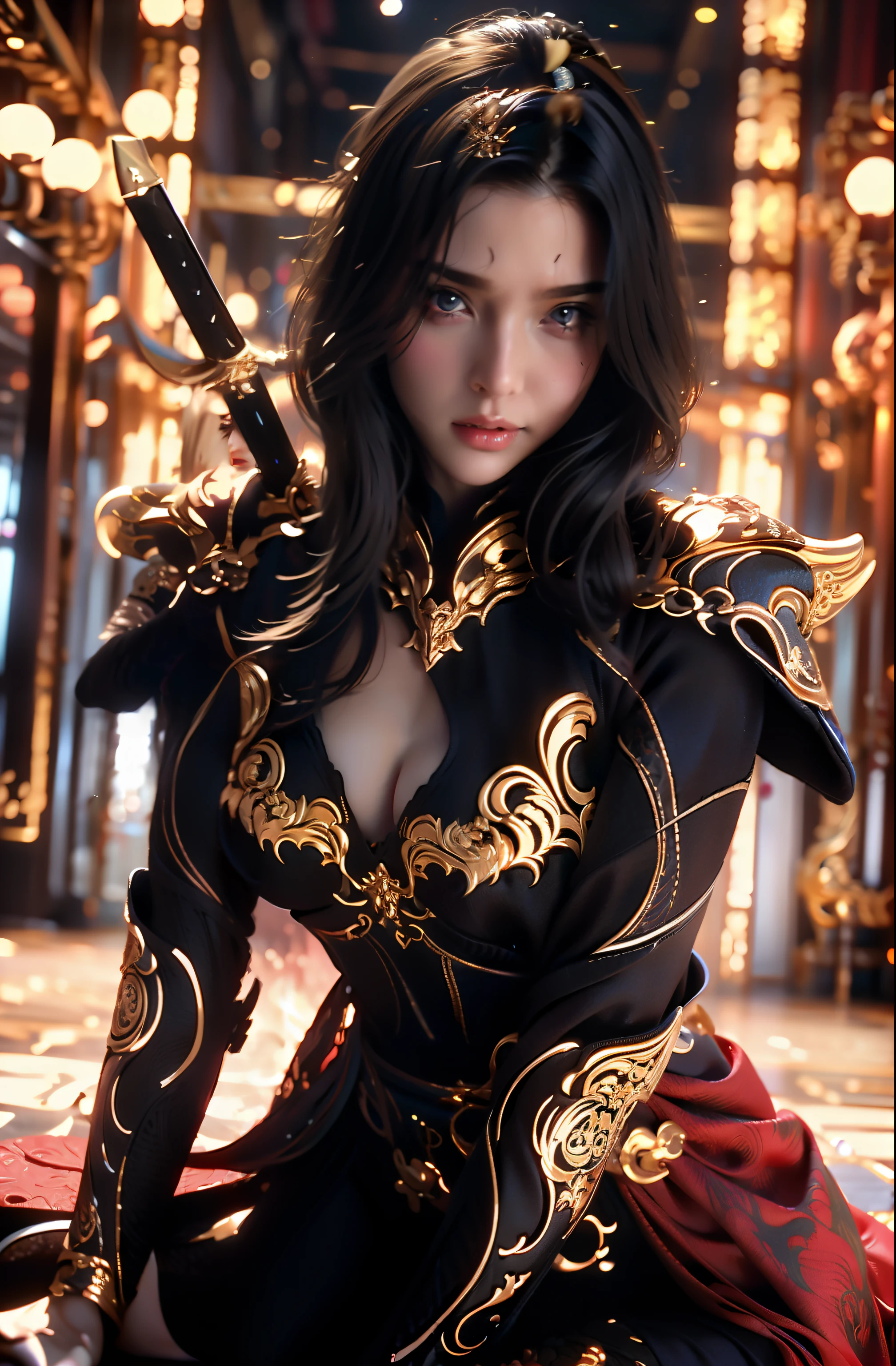 ((Best quality)), ((masterpiece)), (highly detailed:1.3),a woman wearing black armor, long hair. Holding a luxury sword, armor damaged war scene, super cute face, super slim body, super slim, small waist, super perfect huge breast, perfect huge breast, smooth skin, silky hair, blue eye, 16 year old, red robe,blue hijab with a princess crown , luxury golden pattern armor, blonde, fighting style, red lips, blushing, erect nipples , (((pendulous breast))