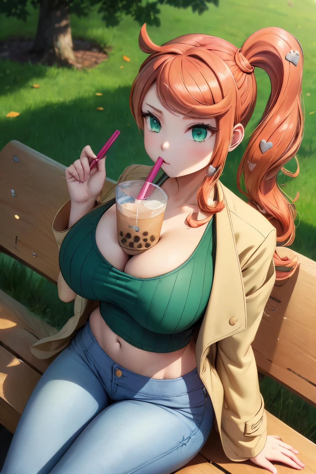 (masterpiece, best quality:1.2), solo, 1girl, sonia, bubble tea challenge, drinking straw, hands on bench, side ponytail, heart hair ornament, eyewear on head, trench coat, green croptop, large breasts, from above, sitting on bench, jeans, cleavage, bust cup, midriff, arms down