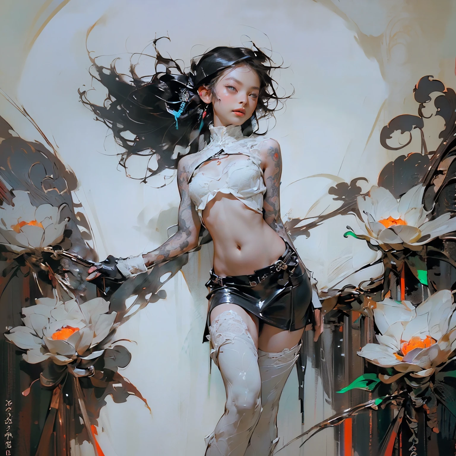 (((Create one girl 16+ years old.), (close-up), (stands all tall)), ((Dark and mysterious), (Night, rain blood, gothic anime girl)))_(((Gothic unusual masterpiece art)),((ominous clouds, hauntingly beautiful, ethereal moonlight, eerie shadows))_(((Little loli, miniature, chibi, full-length)),((miniature-graceful body, full-length - standing) , (beautiful figure, half-turn)_(16+ years)))_(((Cute girl, small peach breasts, graceful figure, narrow waist, smooth hips)),((long double braids),(tight braids) , (braided hair),(dark hair)),((red lips)),((smile)))_ ((((Shiny skin:1.5, white skin, light skin: 1.5)),((sexy),(erotic),(cute, kawaii),(nsfw)))_(((Bare shoulders, black lace dress)),(((red chiffon dress, very short dress, tight-fitting), (red),(sheer lace dress) ),((stands almost completely naked, tattoos)))_(((Arms in elbow pads, palms in tactical gloves),(bare thighs, stomach)),((legs in combat knee pads, thigh-high stockings)), (( chunky leather lace-up boots)))_(((Impressive artistry, exquisite details, gothic architecture, dramatic lighting, vibrant red hues, ominous figures, strange symbols, surreal elements))_((Strong contrasts, eerie, artistic masterpiece, detailed textures, dark color palette, foreboding horror), (alien flowers, skulls))_((Digital painting, anime style, cyberpunk), (best quality, 4k, high resolution, masterpiece: 1.2)),((ultra detail)) ,((realistic, photorealistic, photorealistic: 1.37)))_(((Soft clear shapes, broad strokes, attention to detail)))_(((High quality, 16K | Ultra HD | Full HD))).