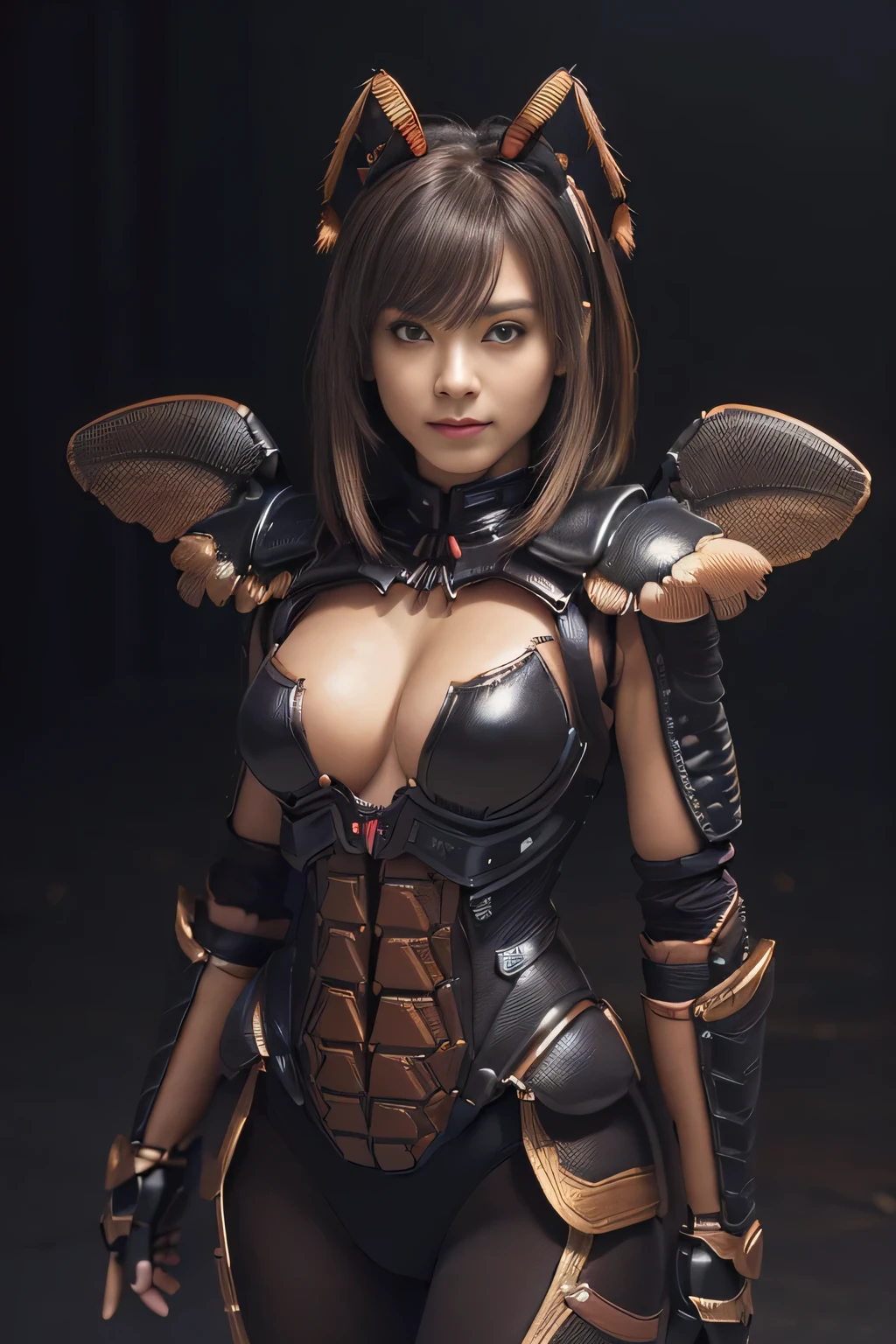 (high resolution,masterpiece,best quality,extremely detailed CG, anime, official art:1.4), realistic, photo, amazing fine details, all intricate, gloss and shiny,awesome many layers, 8k wall paper, 3d, sketch, kawaii, illustration,( solo:1.4), perfect female proportion,villainess, (fusion of dark brown cockroach and lady:1.4), (brown cockroach form lady:1.2), (brown cockroach lady:1.2), (fusion:1.2), (solo:1.4), (evil smile:1.2), muscular, abs, (cockroach brown exoskeleton bio insect suit:1.4), (cockroach brown exoskeleton bio insect armor:1.2), (brown transparency cockroach wing:1.4), (brown cockroach antennae:1.3),