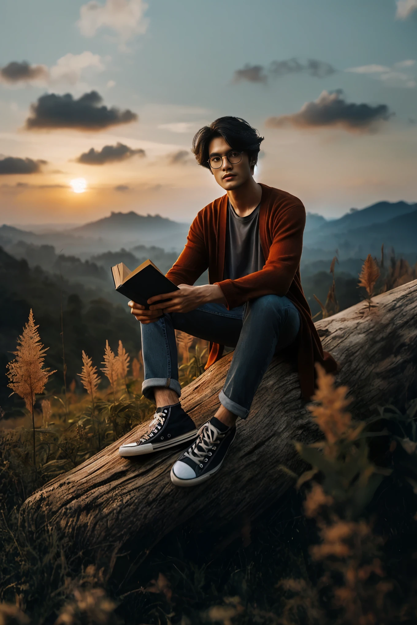 arafed man sitting on a log reading a book, book portrait, dramatic reading book pose, reading a book, reading new book, with sunset, portrait shot, 8k artistic portrait photography, matte painting portrait shot, dramatic reading spell book pose, unsplash contest winning photo, perfect composition and lighting, cinematic style photograph, high quality portrait, inspired by Rudy Siswanto
