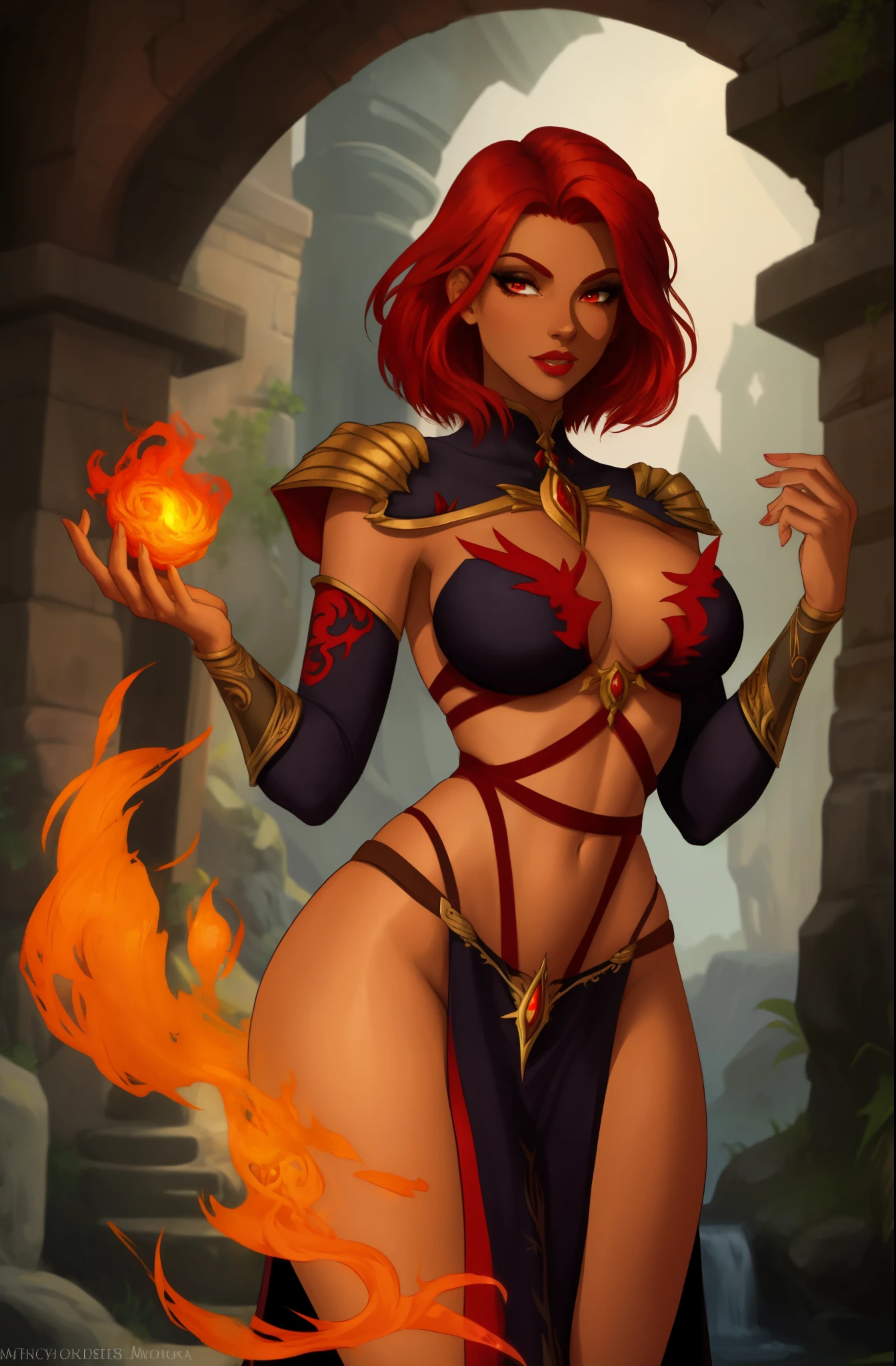 Fantasy Female sorceress, fiery red hair, latina, dark skin