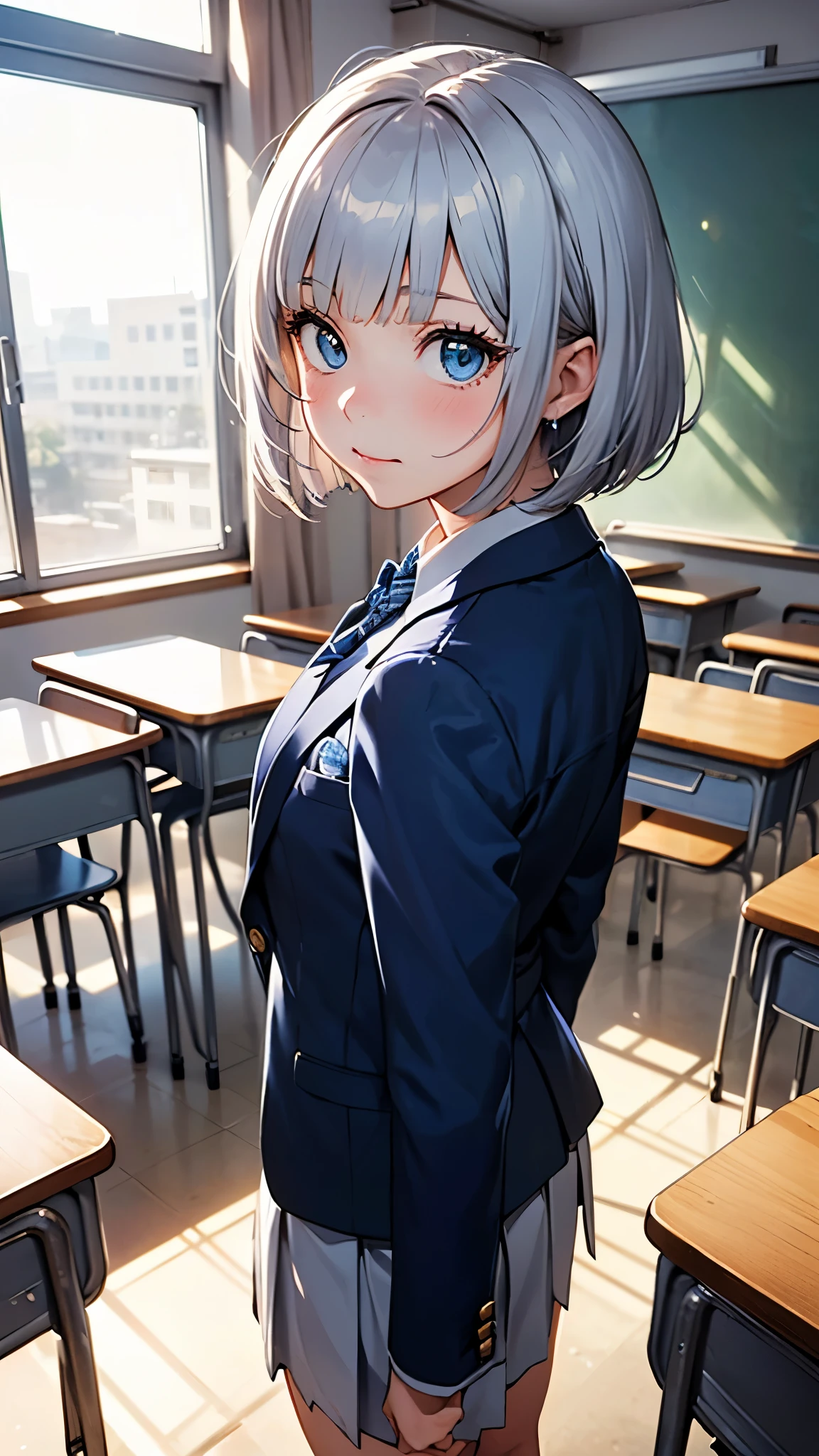 Best, highest quality, solo female, 17 years old, silver hair, bob cut, bangs, (((cute high school girl))), (embarrassed), (school uniform), (((dark blue blazer))), tie, classroom, Blue eyes, sparkling eyes, wink, detailed eyes, small bust, (from waist to head), ((turn around)), (focus on face), aerial perspective, (transparent), (pure),