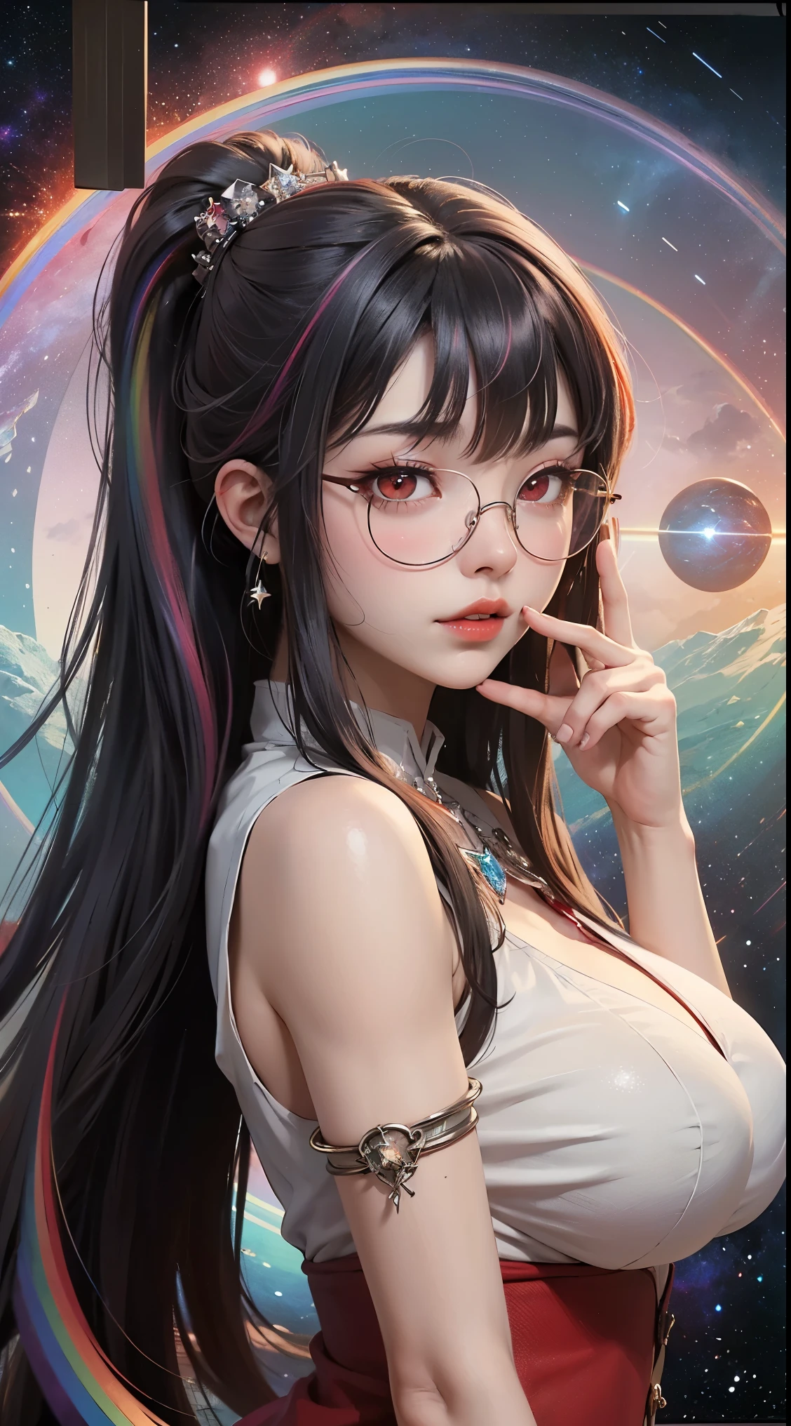 1名 27歳 woman, Understood、(best illustration)、8K UHD resolution、intricate details、最high quality、realistic、Super detailed、best writing、best shadow、soft lighting、ultra hd、dungeon and Dragon、cave、dungeon、 necromancer、night、dark style、Succubus、devil'Daughter of、bat wings,(((デーモンホーンラック縁round glasses))))、(((big breasts)))、(devil'tail)、(red eyes shine:1.6)、masterpiece、beautiful features、Tyndall effect、realisticphotograph、(high detail skin:1.2)、8KUHD、Digital single-lens reflex camera、high quality、photograph、High resolution、 absurd、Ponytail distortion、Optimal ratio of 4 fingers and 1 thumb、1 girl、hair ornaments、真っ赤に輝くgemのネックレス、gem、beautiful expression、body up、big breasts emphasis、tight waist、wide ass、Tyndall effect、Photoreal、(high detail skin:1.2)、dark and mysterious version, lipstick red lips, thin and beautiful lips, Don'Don'Don'Don'don't laugh, please shut your mouth, Characters created by Karol Baku and Pino Denis, intricate details, detailed background, very detailed, magic of light, woman, cute face, ((((giant glasses, otaku glasses, thick glasses, round glasses))))、 looking at the Upper body of the goddess , round chest, big and round chest, phoenix hair brooch, long hair with bangs, (Long hair has seven colors like a rainbow:1.9), Beautifully detailed face and well-proportioned eyes, (Crystal clear red eyes: 1.8), Big round eyes and very beautiful and detailed makeup, Visionary, long silk nightgowns, mysterious makeup, ブresponseレット, I dyed the side bangs light yellow....., Upper body, (goddess Upper body: 1.8), hanging arms, リアルで鮮やかなphotograph, (stars that make up : 1.7), ( Space-time portal of sky and imagination: 1.8), fiction art, RAWphotograph,黒い着物のphotograph, 最高のphotograph , expensive_response, 最high quality, 最高のphotograph, 8K quality, 8K ultra , surrealism, 最も経済的な本物のphotograph, Artistic portrait of 12 signs, Symbol of one of the 12 signs on the reverse side, 12 Portrait of the Goddess, 最もrealistic配色, 最高のphotograph color, masterpiece, hair ornaments, ネックresponse, jewelry, beautiful face, Upper body, Tyndall effect, photographのようにリアルな, Dark studio, border light, two tone light, (fine skin) expensive: 1.2), 8K UHD, Digital single-lens reflex camera, soft light, expensive quality, volume light, Frank, photograph, expensive responseolution, 4K quality, 8K, Bokeh, smooth and sharp, 10x more pixels, Charming goddess, sexy goddess, (background space: 1.8), (milky way: 1.7), aurora, lightning, (auroraの背景: 1.8) <roller:crazy_perfect eyes_V1_from_V1_, beautiful goddess and flowers,