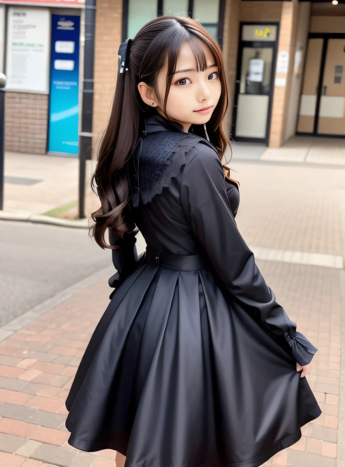 Arab asian woman wearing black coat and white shirt, High school girl wearing a gothic dress, black dress, Chiho, black gothic lolita dress, lolita style, Portrait of a radical lolita girl, hakama, seifuku,gothic dress, harumi, japanese gothic, Also, japanese techwear, kimono, turning around, cute skinny girl