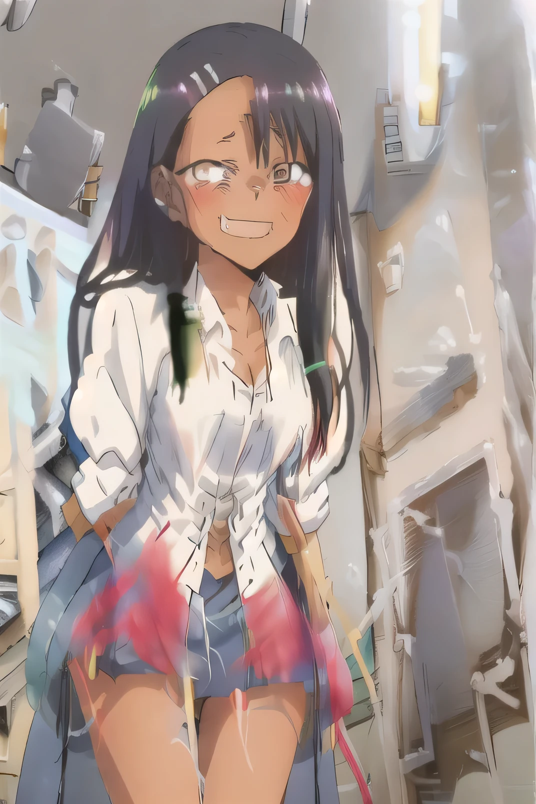 nagatoro hayase, blue skirt, cleavage, small breasts, (from below:1.2), bent over, grin, blush, best quality, masterpiece, perfect lighting, arms behind back,