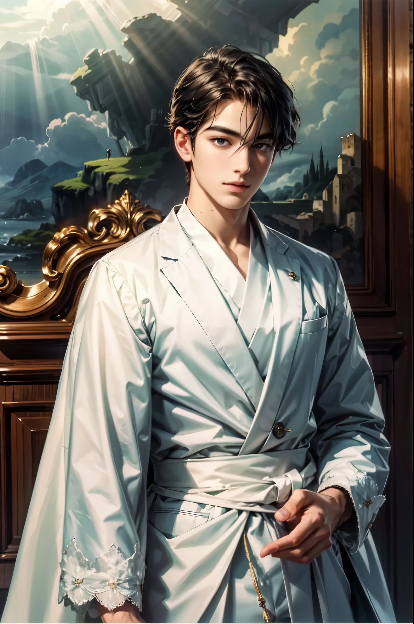 best quality, masterpiece, highres, young boy, handsome face, perfect face, korean face, detailed scenery
