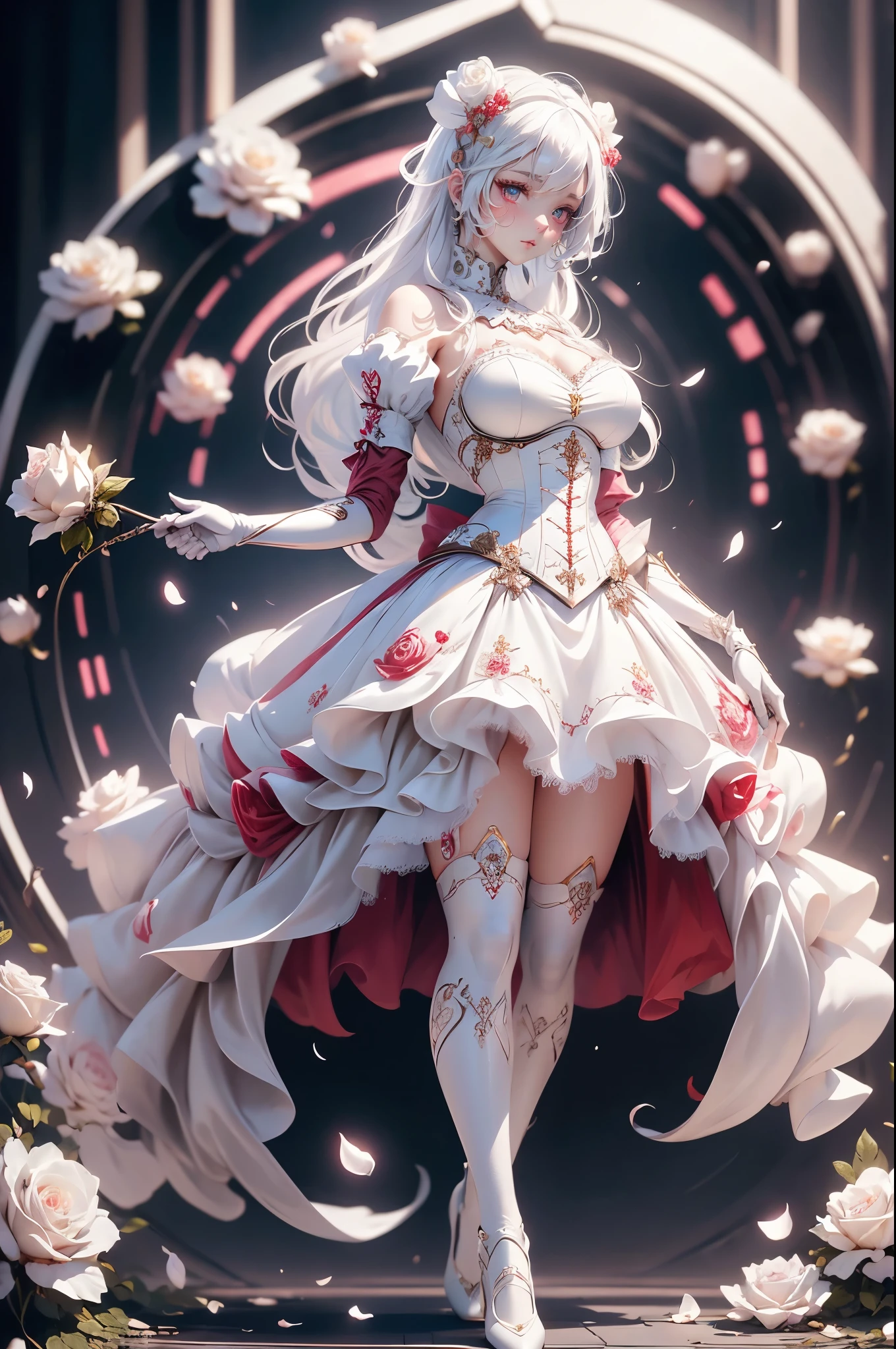 White rose hair ornament、white rose dresini skirt、frills、white hair、red eyes、beautiful feet、Holding a Rapier、beautiful feet、white stockings、white high heels、white corset、white gloves、white choker、detailed face、Super high quality、detailed decoration、8K、