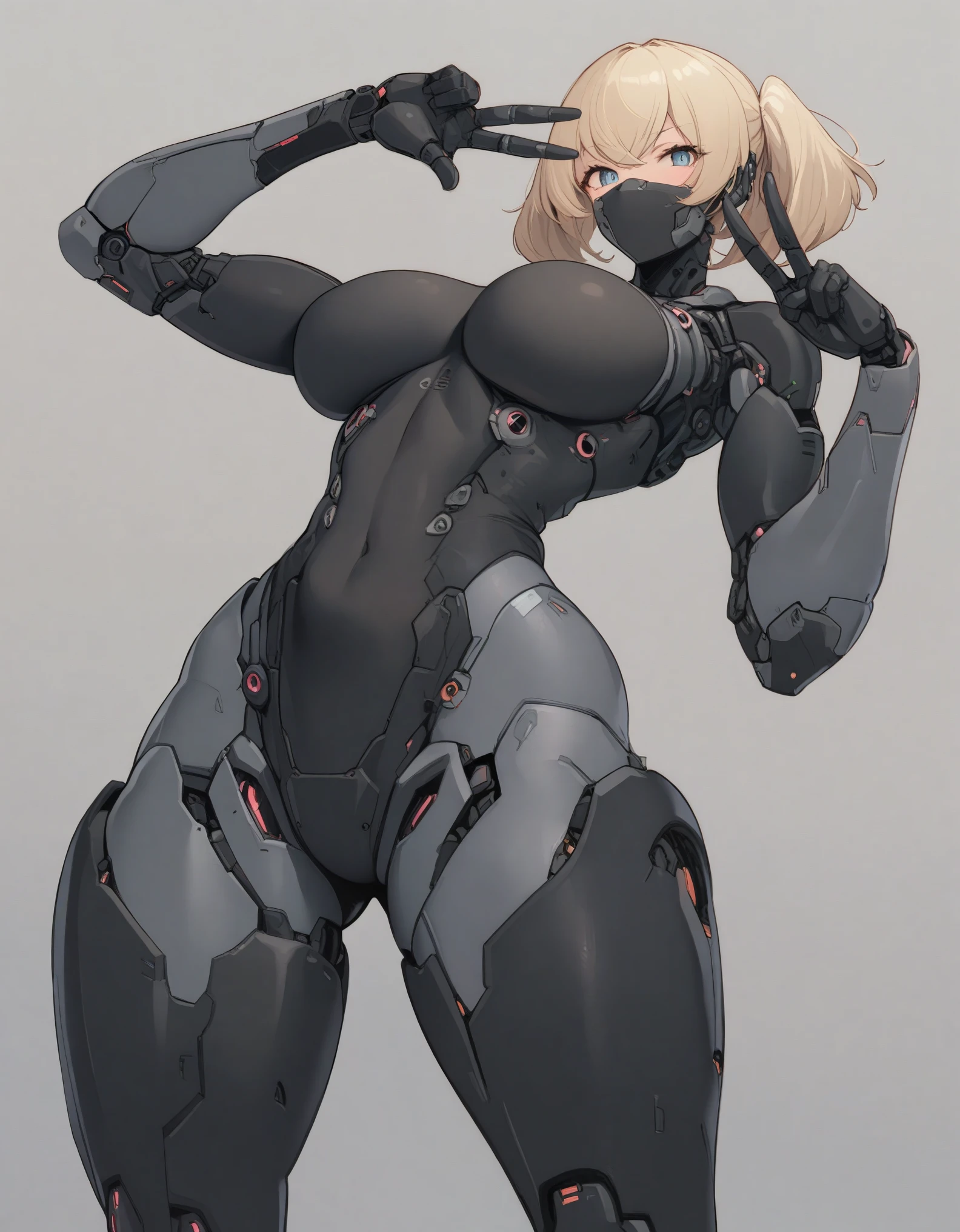 masterpiece, cyborgirl, 1girl, solo, (atomic heart twins), large breasts, breast press, braid hair, blonde hair, robot girls, faceless, no face, cyborg female, fullbody: 1.2, metal body, robot body, human limbs, ((black bodysuit, covered body)), thick legs, legs apart, wide hips, narrow waist, (double v sign), peace sign, cinematic, dynamic pose, (simple gray background), fullbody view, absurdres