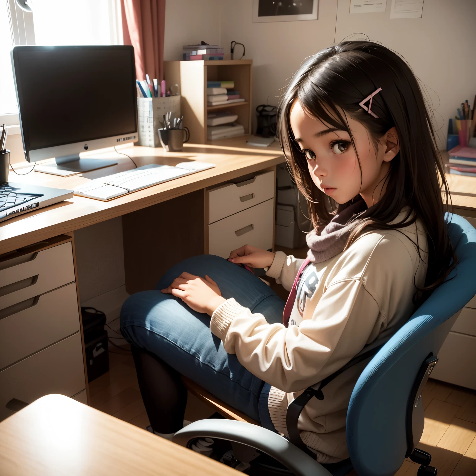 A girl sitting at a desk in her room and looking at a computer