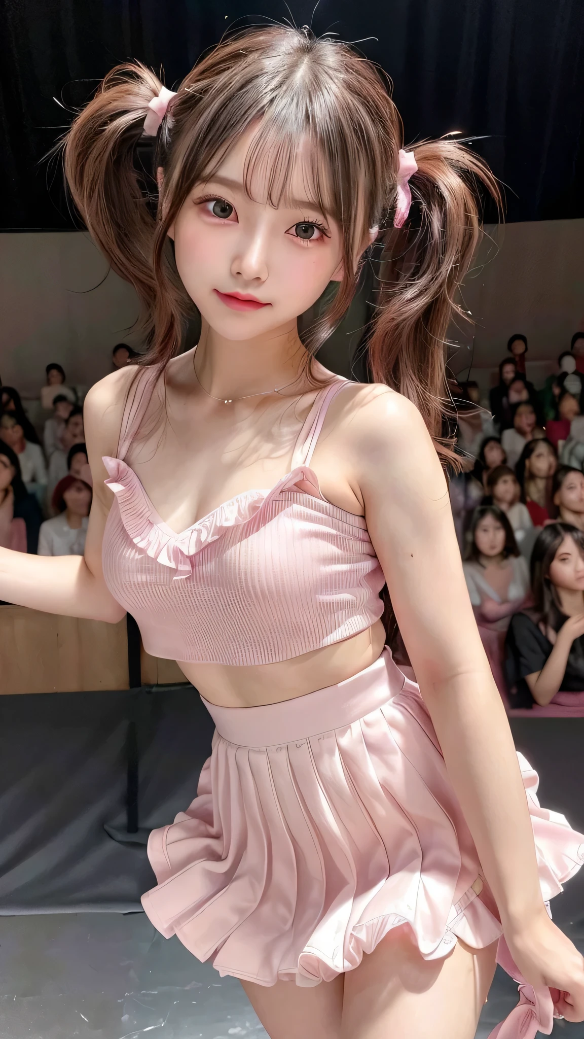 blush,small breasts,14 years old,long hair twintails,on stage,Are standing,((8K, Raw photo, best quality, muste piece:1.2), (Reality, photorealistic:1.4), (Highly detailed 8K wallpaper), Depth of the bounds written, cinematic lighting, soft light, detailed beauty eye,Shiny and smooth light brown ponytail, asymmetrical bangs, shiny skin, super detailed skin ,high resolution, high detail, detailed hairstyle, detailed beauty face, hyper real, perfect limbs, perfect anatomy ,1 Japanese girl,famous japanese idol, perfect female body,shy smile,short eyelashes,double-edged eyelids,look straight here,Hair style is twin tails、Pink colored long dress with lots of ruffles, softly shaped skirt, standing on stage,pink ribbon on head,She wears a long skirt with lots of frills.,Neat clothes