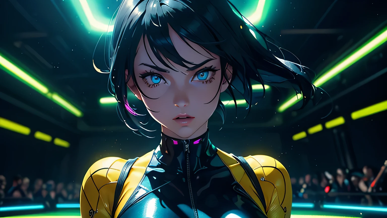Editorial Style photo, Low angle, 1woman, fit-muscled body, medium breast, bright yellow eyes,dark blue hair , blue eyes, With round lenses, The audience watched carefully, (s face: 1.2), Perfect female figure, ((standing)), ((yellow Tight crop top yellow leather suit), face close up, ((Bonifasko lighting)), (The round lenses on his eyes)(detailed eyes), Perfect student, face close up, Futurism, Nightclub, Holographic dance floor, Shimmering, pulsating, and sleek, Futuristic partygoers and tech, Vibrant neon with deep blacks, CyberGroove, Dynamic club lighting, Urban nightlife, Nighttime, Energetic and immersive, Modern sleek nightclub design,