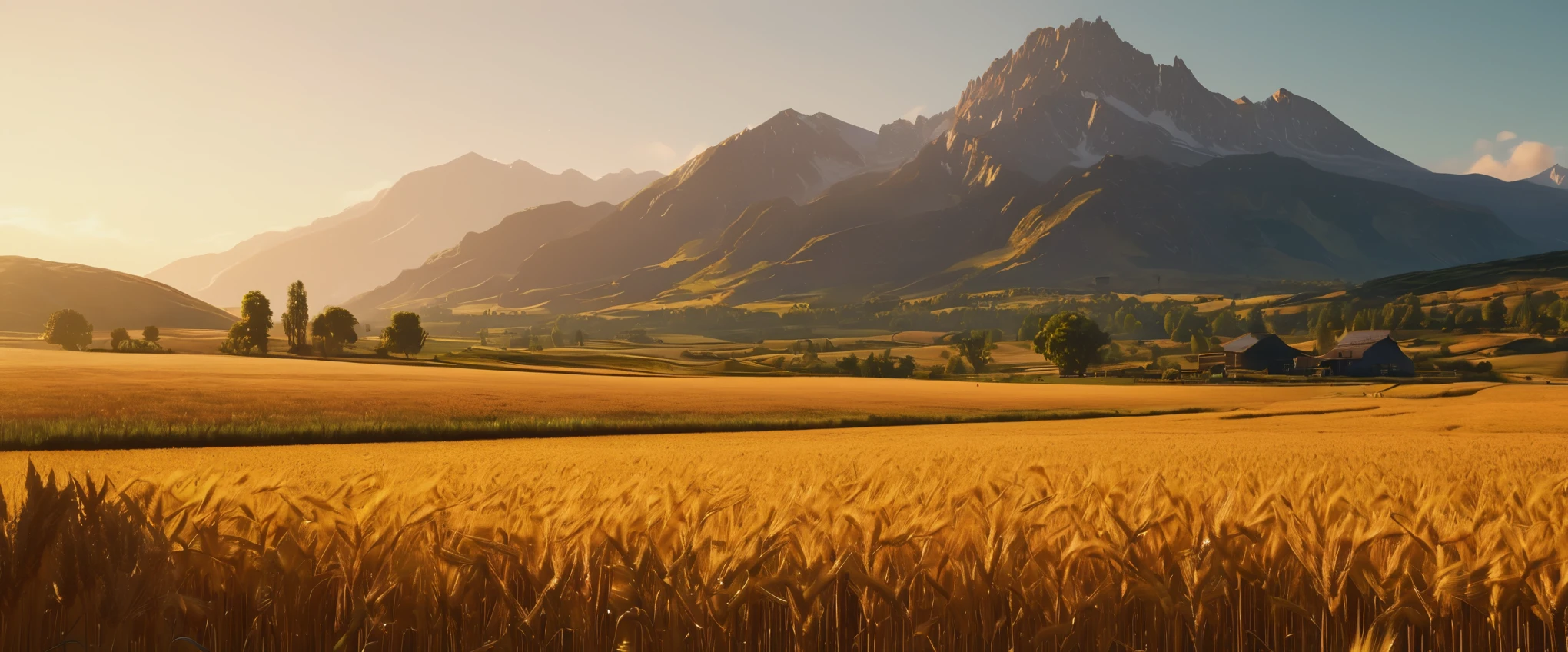 (best quality,8k,highres:1.2),(hyperrealism:1.1),vibrant colors,sharp focus,insanely detailed,(2k1:1.1) style landscape scene,ultra-detailed rendering,impressively lifelike,rich and dynamic colors,epic beauty,meticulous composition of elements,wheat farm golden,breathtaking mountain range,stunningly realistic textures,sunlit sky casting warm golden light,impressive level of intricate details,perfectly captured reflections,flawlessly executed lighting and shadows,immersive sense of depth and dimensionality,extraordinary level of realism creating a mesmerizing visual experience.