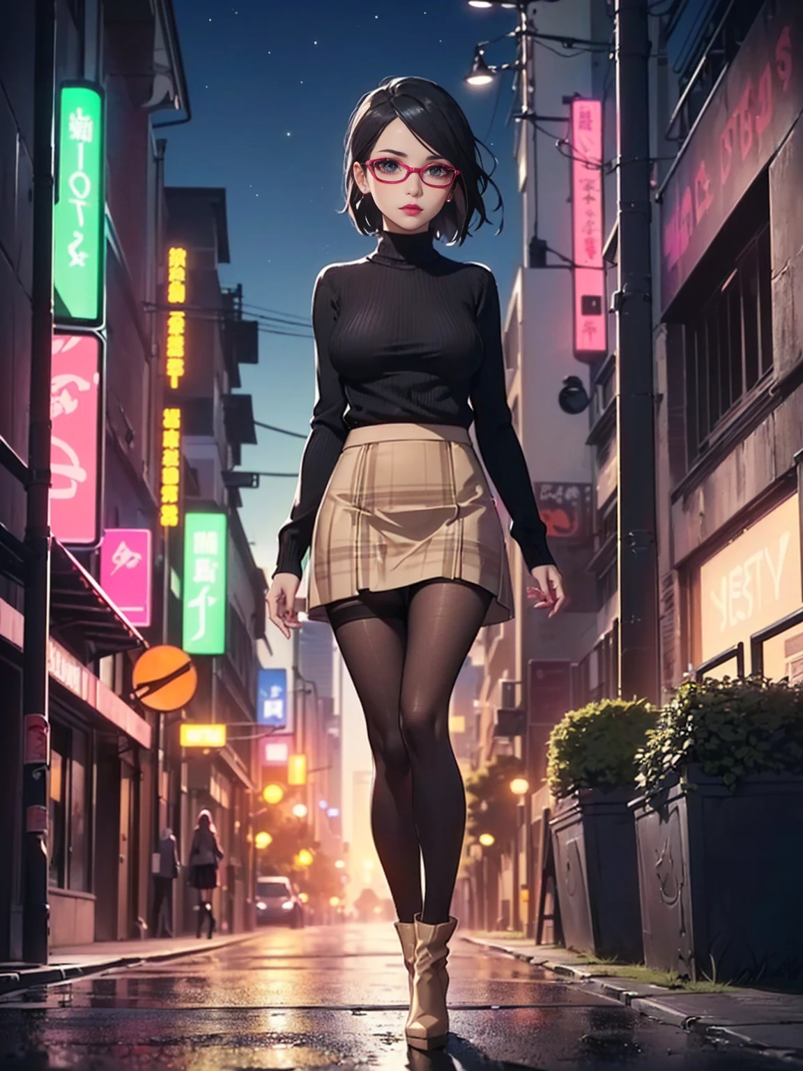 (1girl, solo, alone), (WakatsukiRisa, Sarada Uchiha, black hair, short hair, black eyes, red glasses), ((solo, (1woman, pink lipstick, (small breasts)), Extremely detailed, ambient soft lighting, 4k, perfect eyes, a perfect face, perfect lighting, a 1girl)), austere, ((parading on the sidewalk, (black sweater, women's knit sweater, long-sleeved sweater, black knit sweater), plaid skirt, (beige plaid skirt, short plaid skirt), high-heeled boots, (stiletto heel, thin heel), high-heeled boots, thigh-high boots, thigh and beige skirt, high boots, sexy look, wearing beige skirt, sexy clothes, in the city, monument, modern sculpture, Bella Poarca, Bela Vista, with neon lights, (pantyhose), boots above knee, night, lighting))