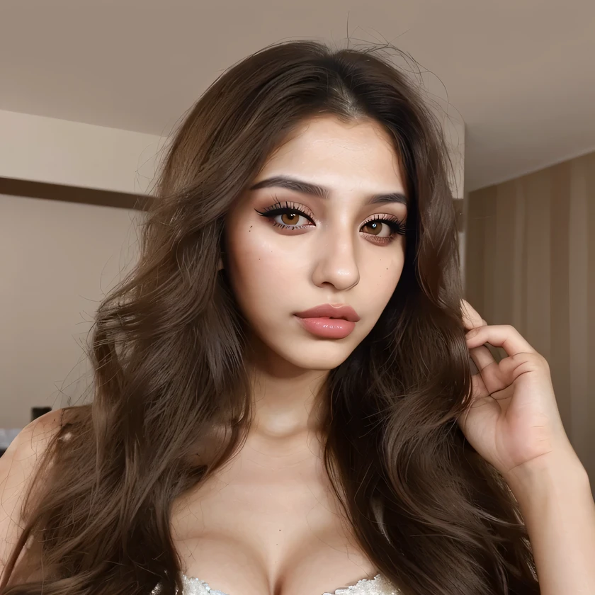 Girl 25 years old,Arabic appearance, slanted eyes, big lips, long hair, brown-haired,with make-up, model appearance