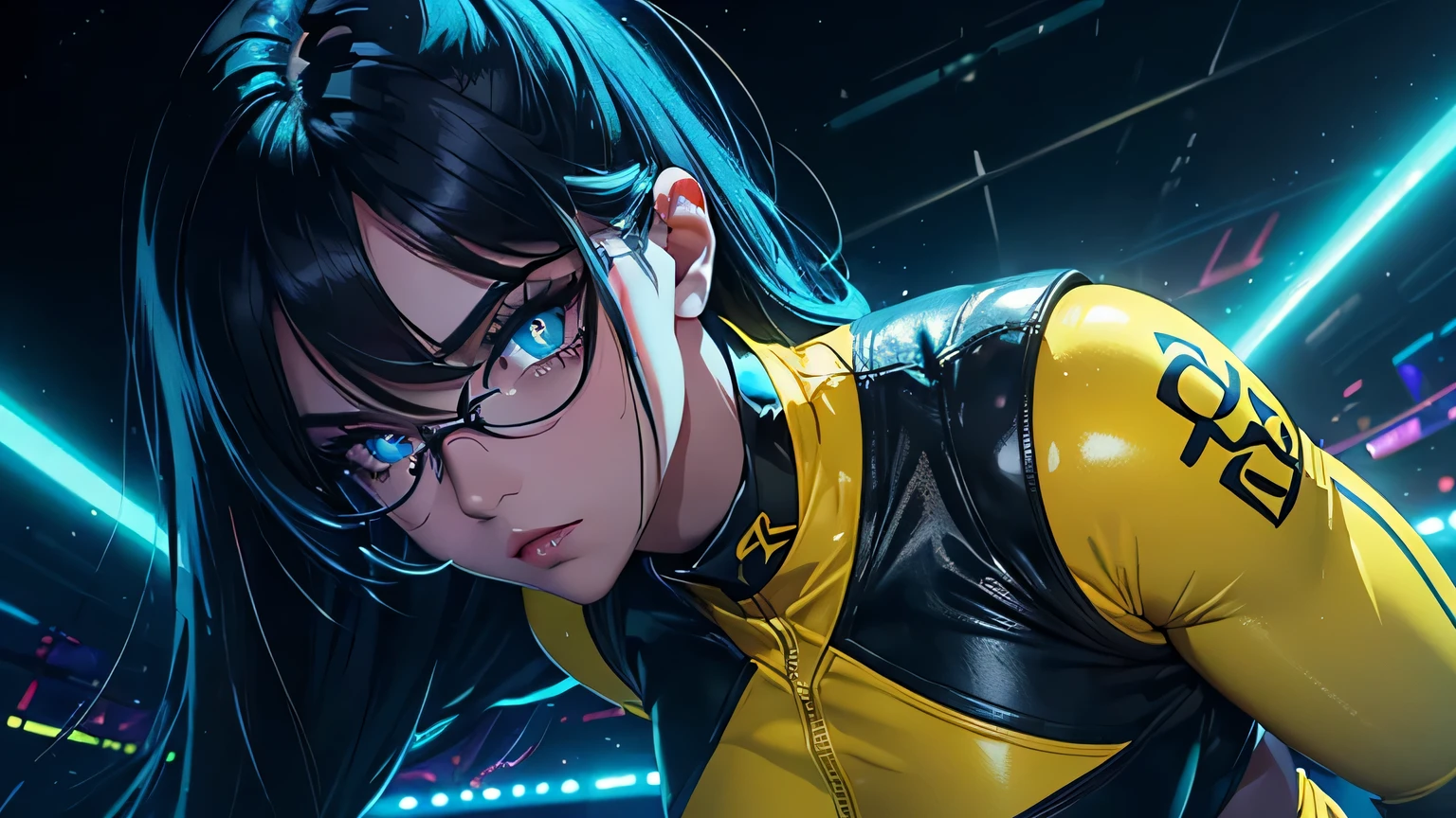 Editorial Style photo, Low angle, 1woman, fit-muscled body, medium breast, bright yellow eyes,dark blue hair , blue eyes, With round lenses, The audience watched carefully, (s face: 1.2), Perfect female figure, ((standing)), ((yellow Tight crop top yellow leather suit), face close up, ((Bonifasko lighting)), (The round lenses on his eyes)(detailed eyes), Perfect student, face close up, Futurism, Nightclub, Holographic dance floor, Shimmering, pulsating, and sleek, Futuristic partygoers and tech, Vibrant neon with deep blacks, CyberGroove, Dynamic club lighting, Urban nightlife, Nighttime, Energetic and immersive, Modern sleek nightclub design,