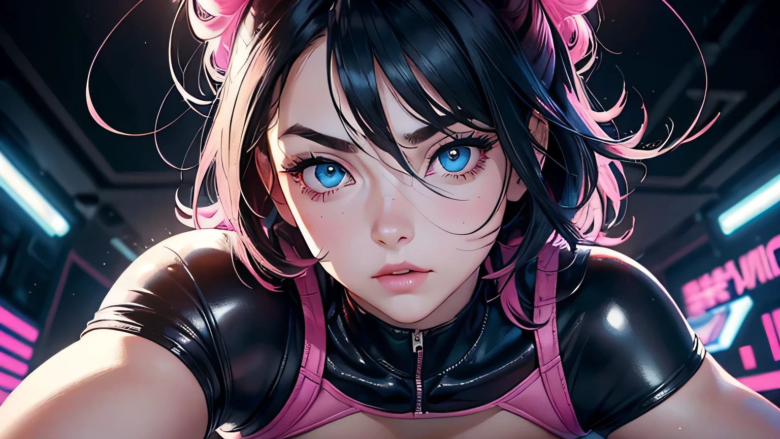 4K, A high resolution, Best quality at best, masterpiece, perfect colors, perfect shadow, perfect litthing, ((sportrait)), 1woman, fit body, heterochromia eyes,dark blue hair , blue eyes, With round lenses, The audience watched carefully, (s face: 1.2), Perfect female figure, ((dynamic pose)), ((pink Tight crop top pink leather suit)), ((shy and looking at viewert)), (Perfect thick white eyebrows) Delicate fur, 详细s face, s the perfect face, , (dynamic pose), cyberpunk abstract background, ((Bonifasko lighting)), (The round lenses on his eyes)(detailed eyes), Perfect student, ((face close up))