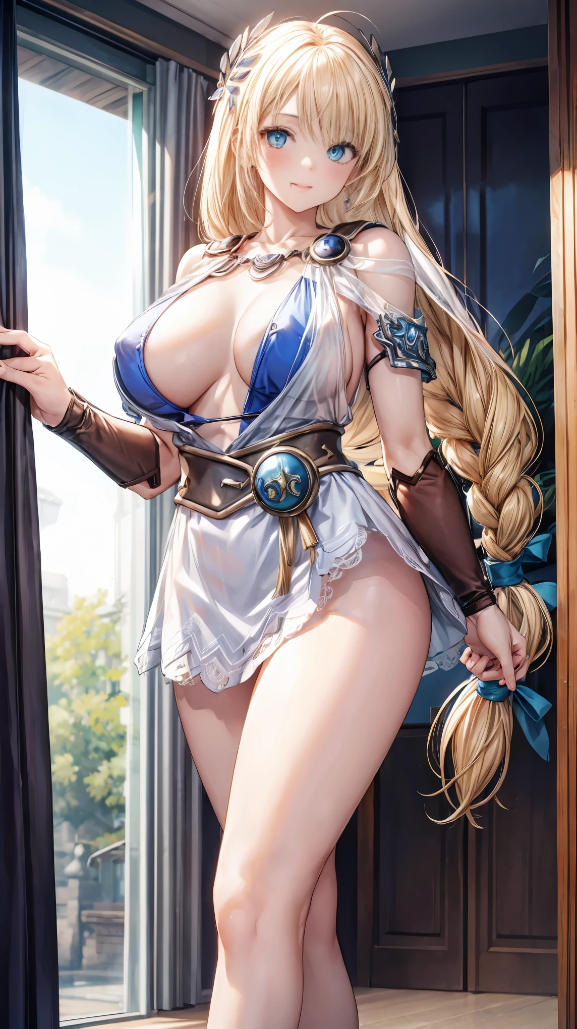 sensual, long blonde hair, thick thighs, 8K, 4k, highest quality, High resolution:1.2), cute anime face, noise reduction, shining blue eyes, gentle smile, kind eyes、toned abdominal muscles, muscular arms, muscular legs, young face, anime eyes, (((big breasts、A chest that is about to burst)))、(((model pose)))、sophistry、sword、shield、SFW giant body