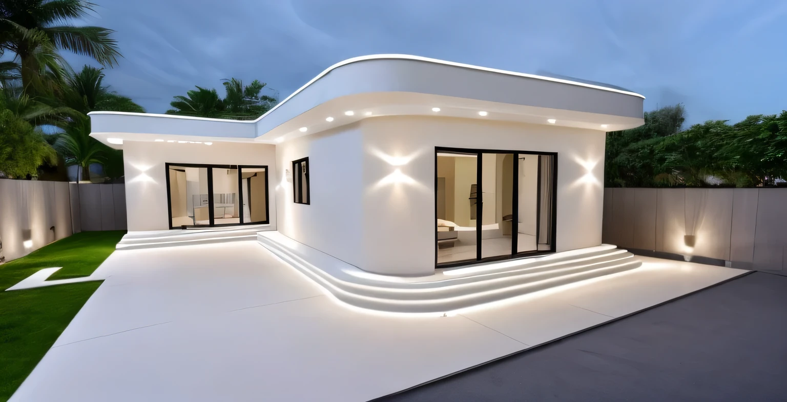 (masterpiece, best quality:1.2), modern house, 1 story, white color, outdoor light, ceiling light, moldings 