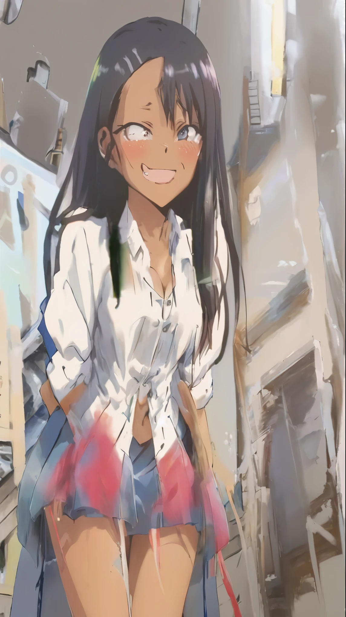 nagatoro hayase, blue skirt, cleavage, small breasts, (from below:1.2), bent over, grin, blush, best quality, masterpiece, perfect lighting, arms behind back,