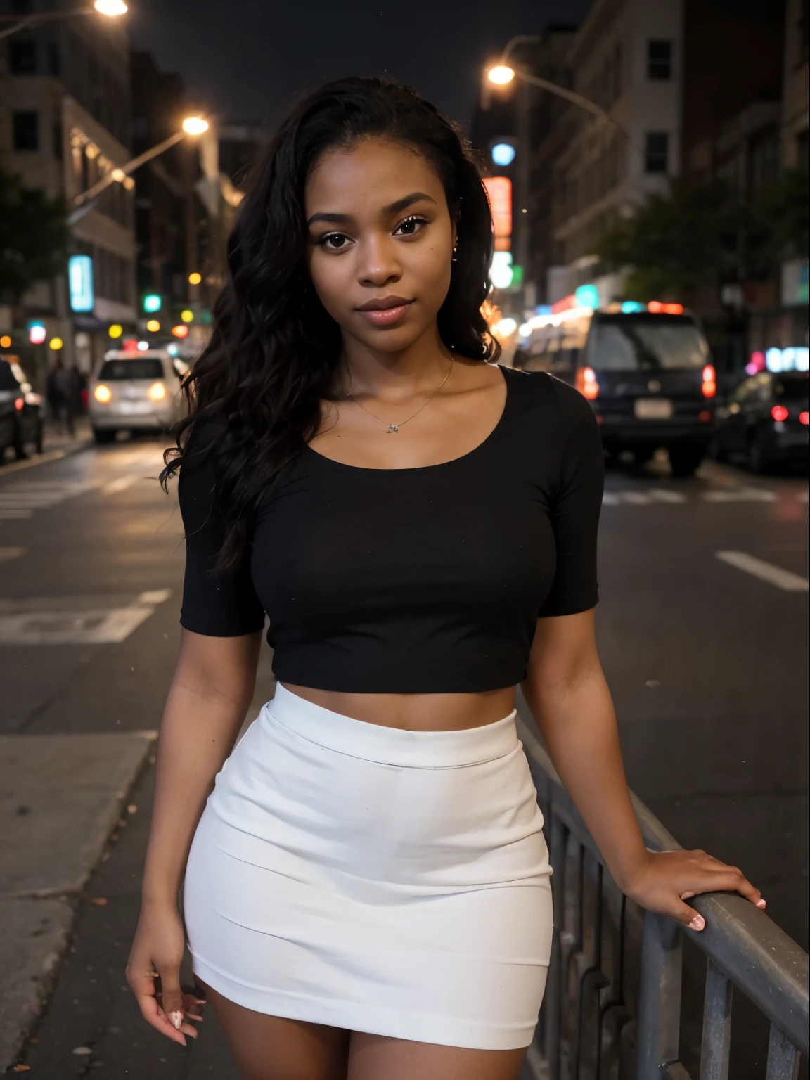 african girl, black ethnicity, wearing skirt and top with flowers, wavy hair,, thick girl, in the New York night, 